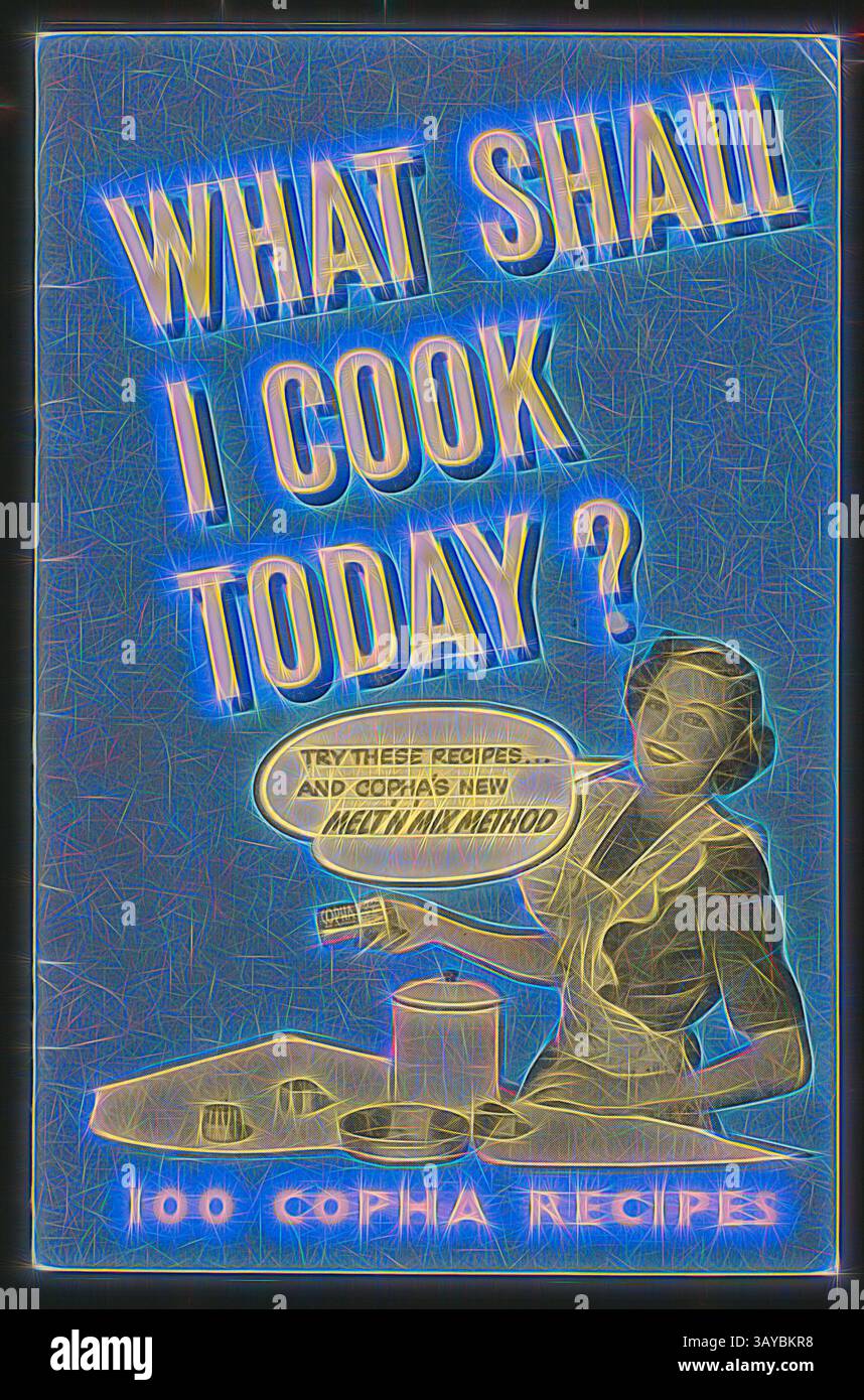 Una copertina vintage di un libro di cucina con una donna allegra che presenta una varietà di opzioni di cucina, accompagnata dalla domanda: "Cosa devo cucinare oggi?" E promuovere il "nuovo metodo di fusione Copha". Il design enfatizza 100 ricette uniche., ricettario - cosa cucinare oggi?, circa 1950-1959, alternative Name(s): Ricettario con ricette che utilizzano il rammollimento vegetale copha, risalente intorno agli anni '1950 Prodotto da N.S.W. Printing Co. PTY Ltd Usato dalla signora Yootha Bessie Downing Goldsworthy, nata nel 1903, sposata nel 1928 e morta nel 1990. Sua nuora, Shirley Goldsworthy Foto Stock