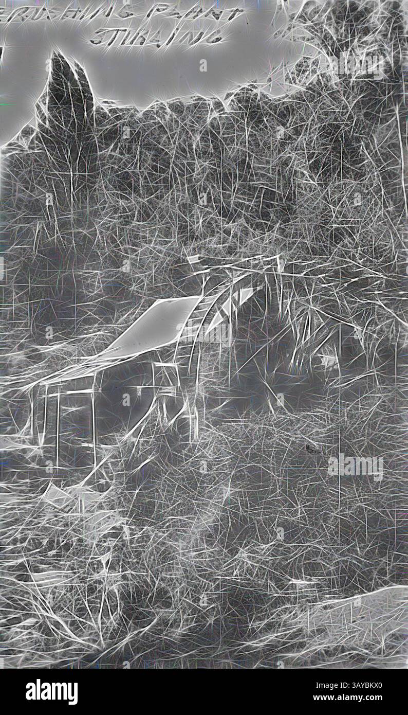 Un'area densa e ricoperta di vegetazione con struttura parzialmente oscurata dal fogliame, con alberi che sorgono sullo sfondo e un senso di abbandono nell'atmosfera. Negativo - Stirling, Victoria, 1911, batteria azionata da una ruota ad acqua., arte classica con un tocco moderno reinventata da Artotop Foto Stock Un'area densa e ricoperta di vegetazione con struttura parzialmente oscurata dal fogliame, con alberi che sorgono sullo sfondo e un senso di abbandono nell'atmosfera. Negativo - Stirling, Victoria, 1911, batteria azionata da una ruota ad acqua., arte classica con un tocco moderno reinventata da Artotop Foto Stock