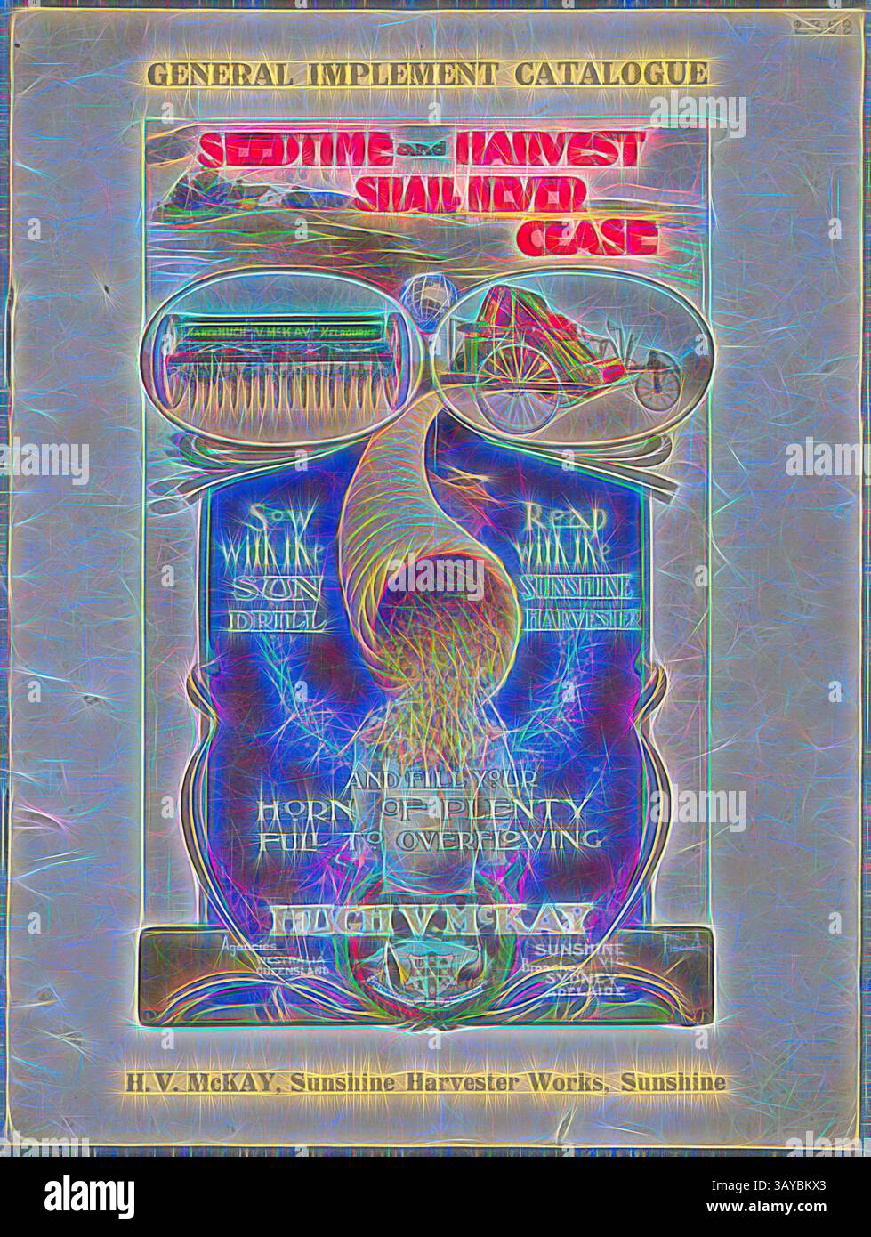 Un'interpretazione artistica di una copertina di catalogo agricolo d'epoca, con scritte ornate e illustrazioni di attrezzature agricole. Il design mette in risalto gli strumenti di semina e raccolta, adornati da elementi decorativi che evocano un senso di nostalgia per le pratiche agricole tradizionali., Transparency - H.V. McKay, 'General Implement Catalogue', circa 1905, uno dei tre lucidi fotografici con la copertina del 'General Implement Catalogue' di H.V. McKay, circa 1905. parte di una collezione di fotografie, negativi, film in movimento, manufatti, documenti e letteratura commerciale Foto Stock