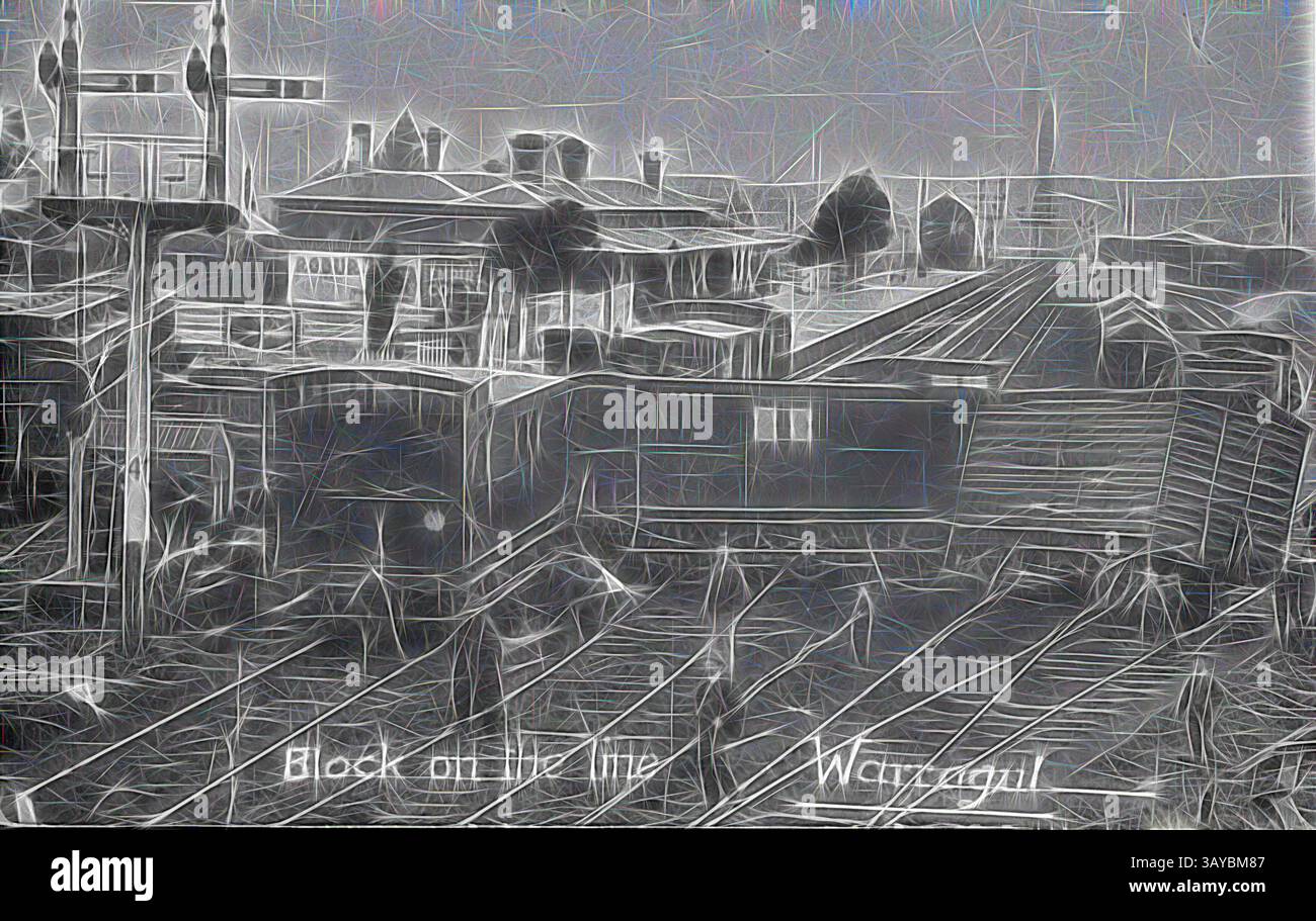 Un treno d'epoca che passa attraverso una stazione, circondato da binari e vecchi edifici. L'atmosfera evoca un senso di nostalgia e storia, catturando l'essenza dei trasporti dei primi anni del XX secolo. Il testo "Block on the Line" e "Wagga Wagga" rimanda ad un momento significativo nelle operazioni ferroviarie. Negativo - Warragul, Victoria, circa 1920, Un treno deragliato nella stazione ferroviaria di Warragul., arte classica con un tocco moderno reinventata da Artotop Foto Stock