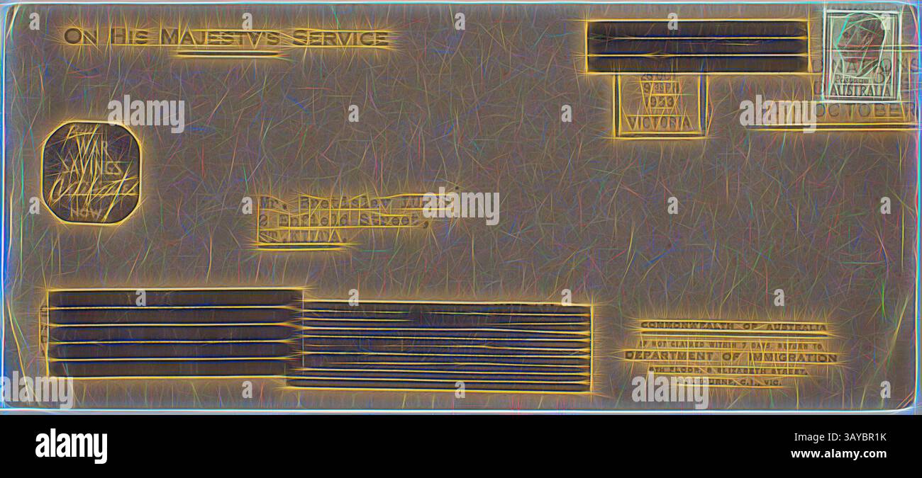 Una busta invecchiata con un francobollo e un timbro postale, indirizzata al signor Eustace Williams a South Yarra, Victoria. La busta è contrassegnata con "On His Majesty's Service" e include annotazioni relative alla corrispondenza governativa., busta - Commonwealth of Australia to Bretislav Lukes, St Kilda, Victoria, 26 ottobre 1953, busta in cui tre documenti sono stati inviati dal governo australiano a Bretislav Lukes, è timbrata il 26 ottobre 1953. I documenti contenuti nella busta erano un foglio informativo sul divenire cittadino, una dichiarazione di intenzione di richiedere la naturalizzazione come AN Foto Stock
