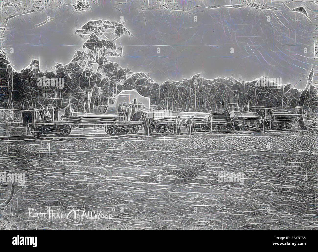 Un tranquillo paesaggio caratterizzato da un tranquillo corso d'acqua con barche ormeggiate dolcemente, delimitato da alberi lussureggianti e un cielo nuvoloso, che evoca un senso di tranquillità e nostalgia., negativo - Victorian Railways, classe S, Allwood, Victoria, circa 1905, il treno sta spingendo un certo numero di camion a pianale. La fotografia sembra mostrare una locomotiva a vapore vittoriana di classe S con camion piani a doppio carrello che trasportano traverse o altro legname per la costruzione di ferrovie. Si ritiene che la fotografia ritragga la costruzione o., arte classica con un tocco moderno reinventata da Artotop Foto Stock