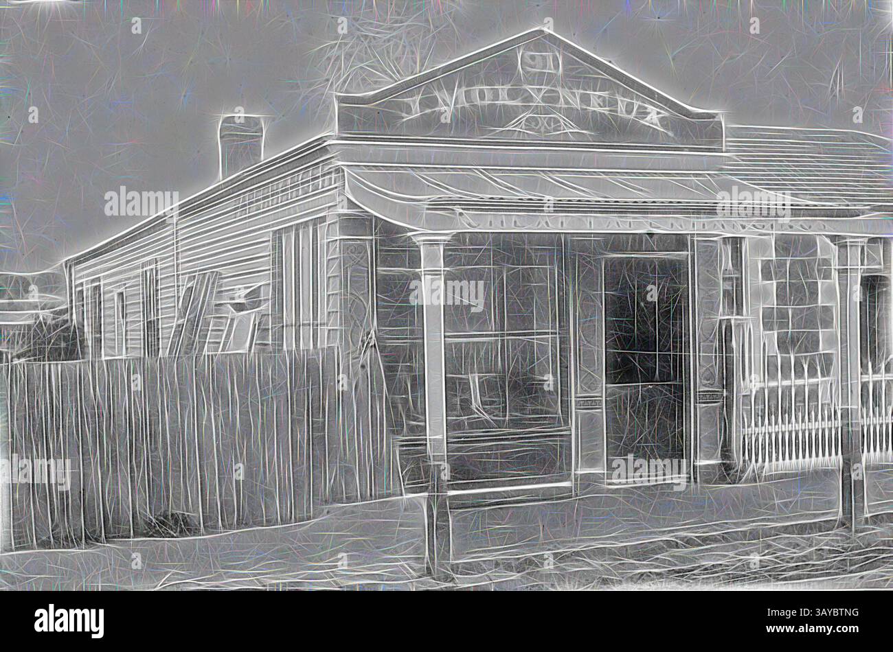 Un edificio storico caratterizzato da un cartello decorativo sopra l'entrata, completato da un rivestimento in legno e da un portico. La recinzione circostante aggiunge al fascino rustico della scena., negativo - Geelong, Victoria, Nov 1916, Moran & Cato, Cash Grocers, filiale n° 51 decorata per il giorno di gala, arte classica con un tocco moderno reinventata da Artotop Foto Stock