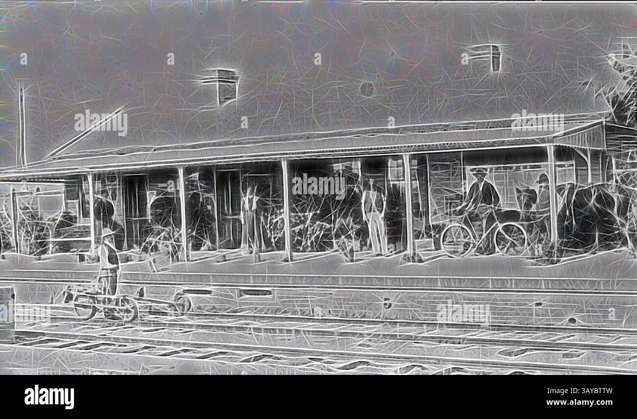 Un gruppo di individui si trova vicino a un rifugio, con le biciclette appoggiate contro la struttura. La scena cattura un momento nel tempo, mettendo in mostra la vita quotidiana lungo un binario ferroviario circondato dal verde. Negativo - persone alla stazione ferroviaria di Tourello, Tourello, Victoria, 1908, la stazione ferroviaria di Tourello. Un uomo sta con un carrello sulle linee ferroviarie mentre un certo numero di persone, tra cui una con una bicicletta e un'altra con un cavallo, stanno sulla piattaforma., arte classica con un tocco moderno reinventata da Artotop Foto Stock