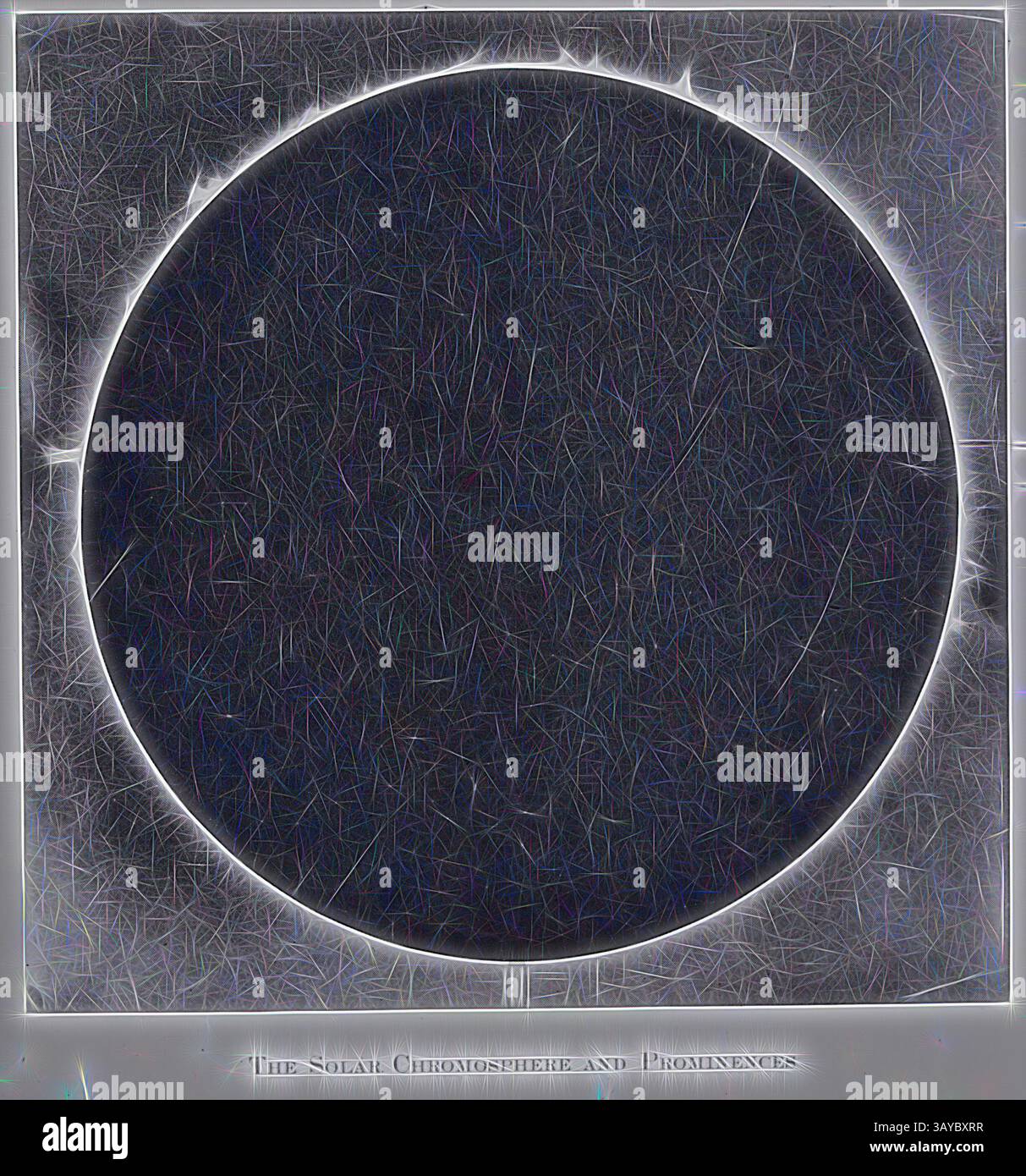 Una rappresentazione sorprendente della cromosfera solare, caratterizzata da una silhouette circolare scura con dettagli intricati che evidenziano le prominenze solari, che trasmettono la natura dinamica dell'atmosfera del sole. Glass positive - "la cromosfera solare e prominenze", circa anni '1920, vetrina di un'immagine della cromosfera solare e delle prominenze solari, riprodotta da un libro o articolo. Fa parte di una collezione di diciotto diapositive di lanterne fotografiche in bianco e nero e negativi di vetro. Arte classica con un tocco moderno reinventata da Artotop Foto Stock