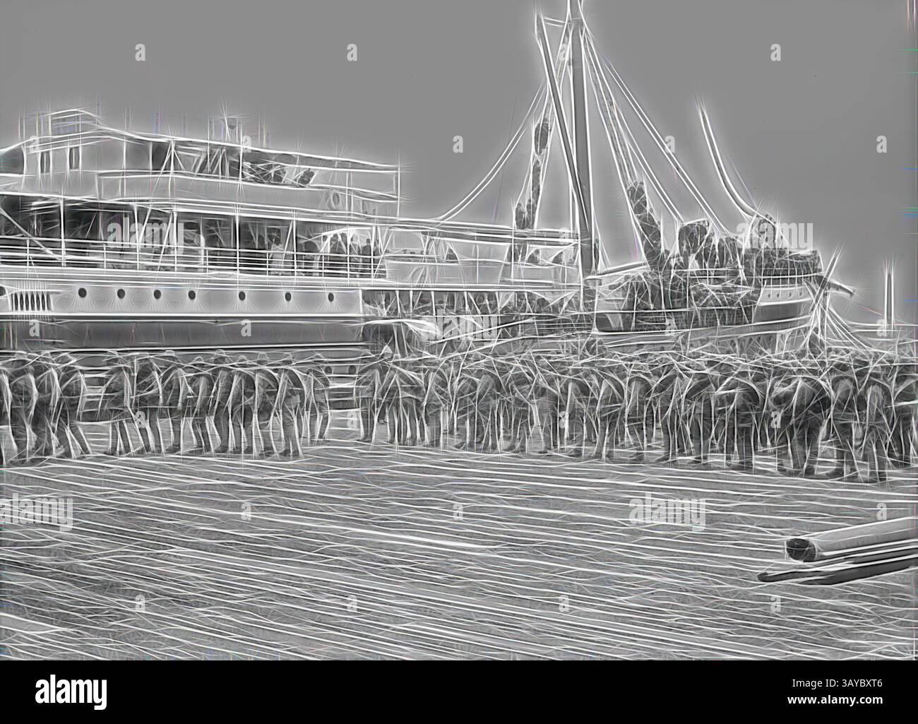 Un gruppo di elefanti è visto riunito in un lungomare, dove una grande barca attende nelle vicinanze, creando una scena unica che mescola natura e attività umana. Glass negative - truppe che imbarcano l'HMT Orient diretto alla guerra boera, Melbourne, 15 febbraio 1901, truppe che imbarcano una nave a Melbourne, diretta alla guerra boera, probabilmente il 15 febbraio 1901. La nave, contrassegnata con '24', è la HMT (alias SS) Orient, ormeggiata al 'Port Melbourne Town Pier'. L'Argus notò che la nave era "dipinta di nero, con il rosso sotto, e con il numero 24 che fissava grandi figure bianche sulla sua prua" (The Argus, 15 febbraio 1901, pag. 15). Il Foto Stock