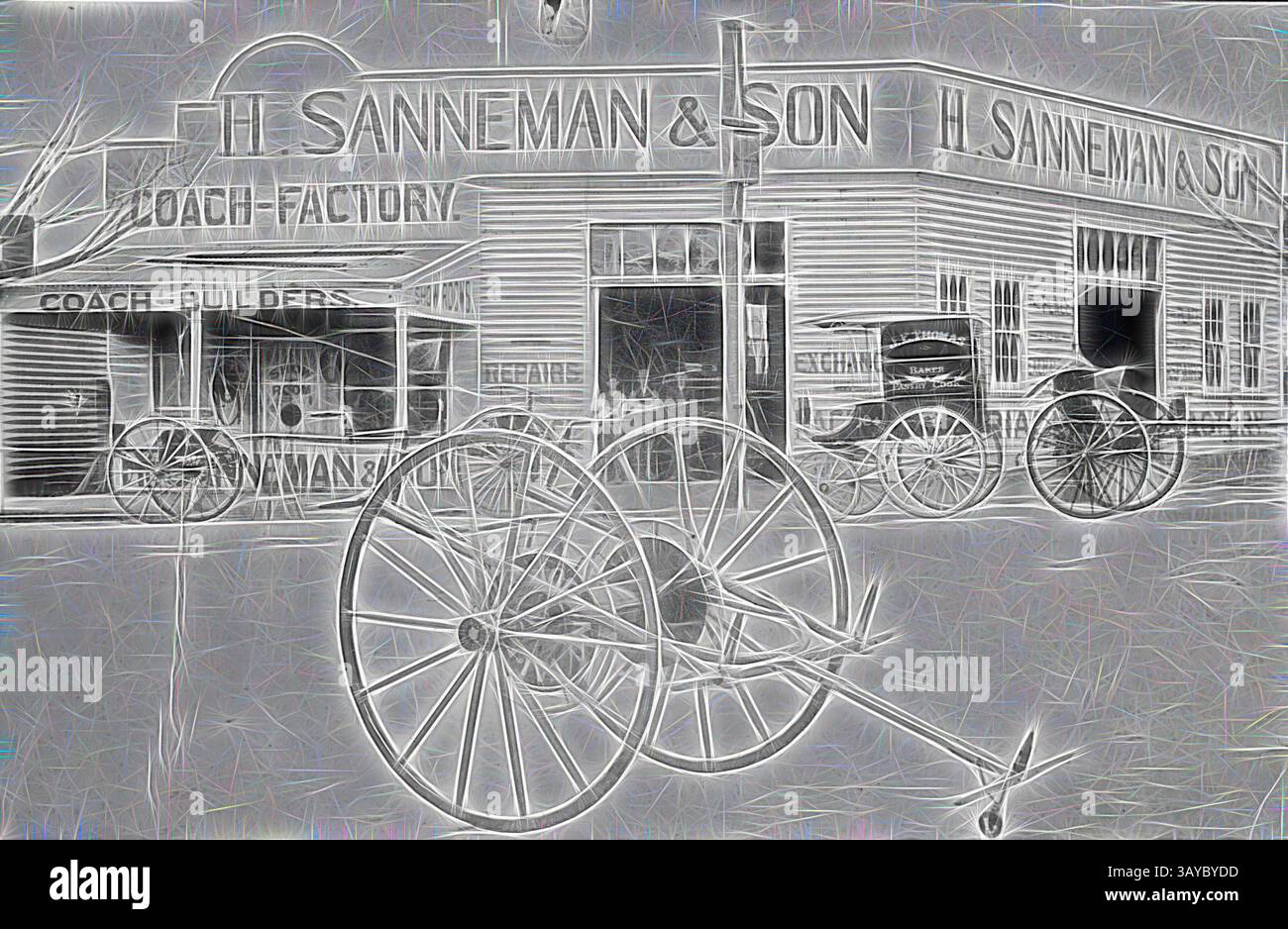 Una vecchia fabbrica di pullman mostra la sua maestria, con una carrozza trainata da cavalli in primo piano e il nome dell'edificio ben visibile sopra l'ingresso. I raggi delle ruote e le strutture in legno evidenziano il significato storico del commercio. Negativo - H. Sanneman & Son, Bendigo, Victoria, circa 1899, lavoratori fuori dalla fabbrica di carrozze H. Sanneman & Son e showroom, Bendigo. Ci sono un certo numero di veicoli in mostra e quello in primo piano sembra essere un rullo e potrebbe essere stato un equipaggiamento dei vigili del fuoco., arte classica con un tocco moderno reinventato da Artotop Foto Stock