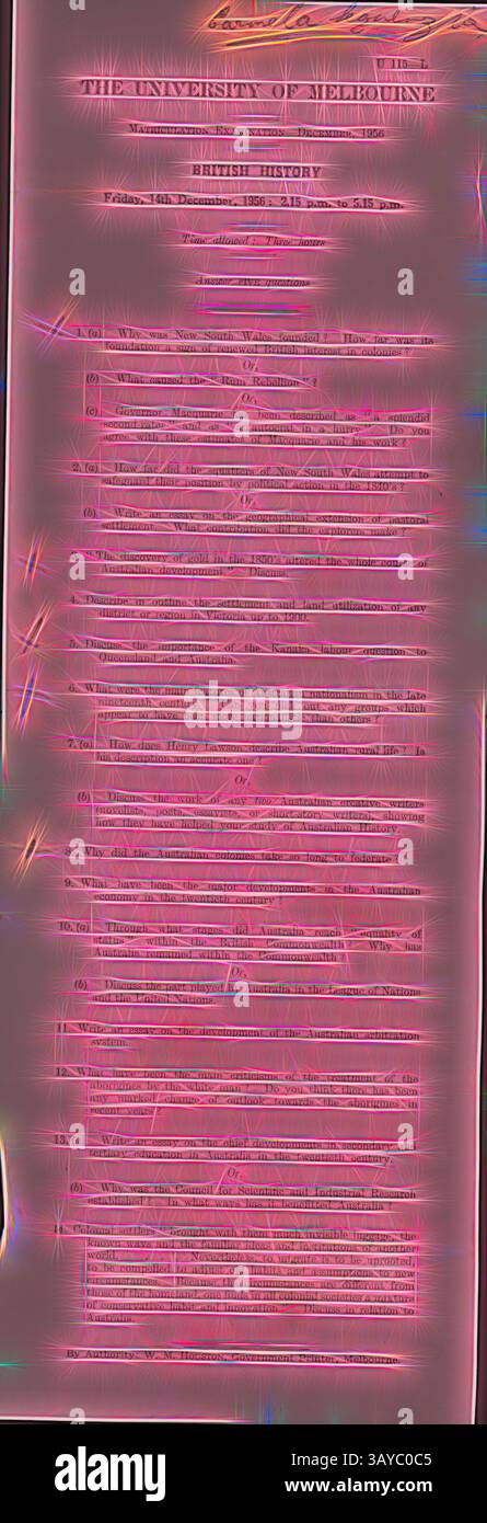 Un documento dettagliato che delinea le domande e le linee guida per un corso di storia britannica presso l'Università di Melbourne, con domande numerate e istruzioni specifiche per gli studenti. Il testo è organizzato in un formato strutturato, con un aspetto vintage distinto., Examination Paper - British History, University of Melbourne, 14 dicembre 1956, University of Melbourne British History matriculation Questions, 1956. I candidati dovevano rispondere a cinque (su 14 possibili) domande in tre ore. Le domande riguardavano principalmente la storia coloniale e la federazione australiana, anche se lì Foto Stock