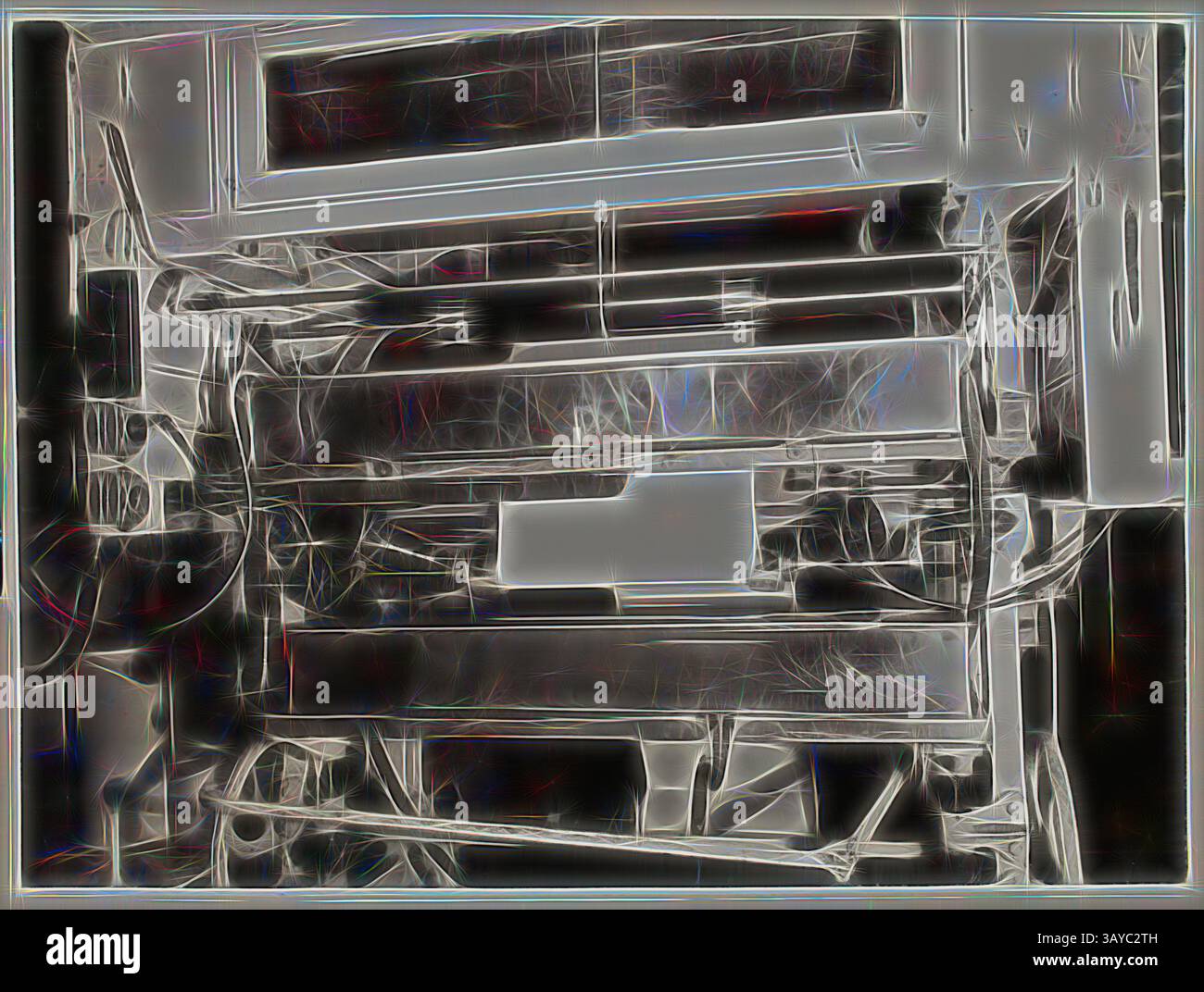 Rappresentazione astratta di componenti meccanici intrecciati con vari fili e strutture, creando una rete complessa e complessa che suggerisce funzionalità e tecnologia., Fotografia, Coating Machine, Abbotsford, 1946, fotografia monocromatica della macchina di rivestimento n. 5 nella sala di rivestimento sperimentale della Kodak Australasia Pty Ltd, Abbotsford. Questa stanza è utilizzata esclusivamente per rivestimenti di prova su carta e pellicola. Un album prodotto da Kodak, intitolato "Emulsion Department: Production and Experimental". Apparteneva a Ian 'Charlie' Yelland, che lavorava per il Kodak Australasia Emulsion Department Foto Stock