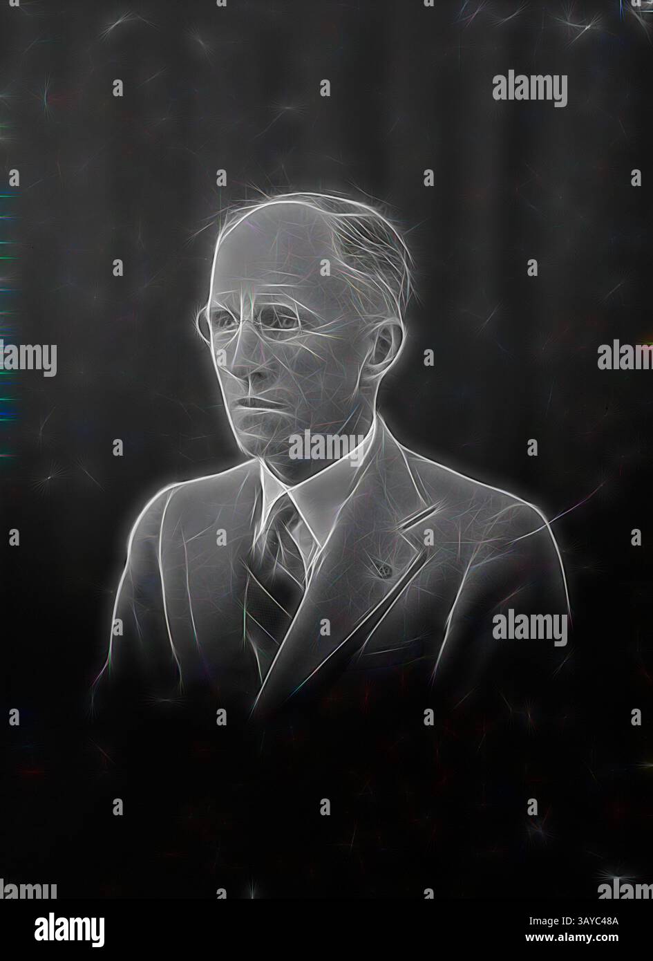 Una figura contemplativa in una tuta, con un'espressione seria, guarda in lontananza, suggerendo un pensiero profondo o un'introspezione. Lo sfondo presenta una texture morbida e astratta che aggiunge un'atmosfera solenne. Negative, Ritratto di Kodak Branch Manager, Townsville, QLD, anni '1930, negativo per film in bianco e nero con un ritratto di un direttore di filiale del Queensland Kodak Australasia Pty Ltd negli anni '1930, probabilmente girato a Townsville. Raccolta di prodotti, materiali promozionali, fotografie e manufatti di vita lavorativa, quando lo stabilimento di produzione di Melbourne a Coburg ha chiuso. prodotto Foto Stock