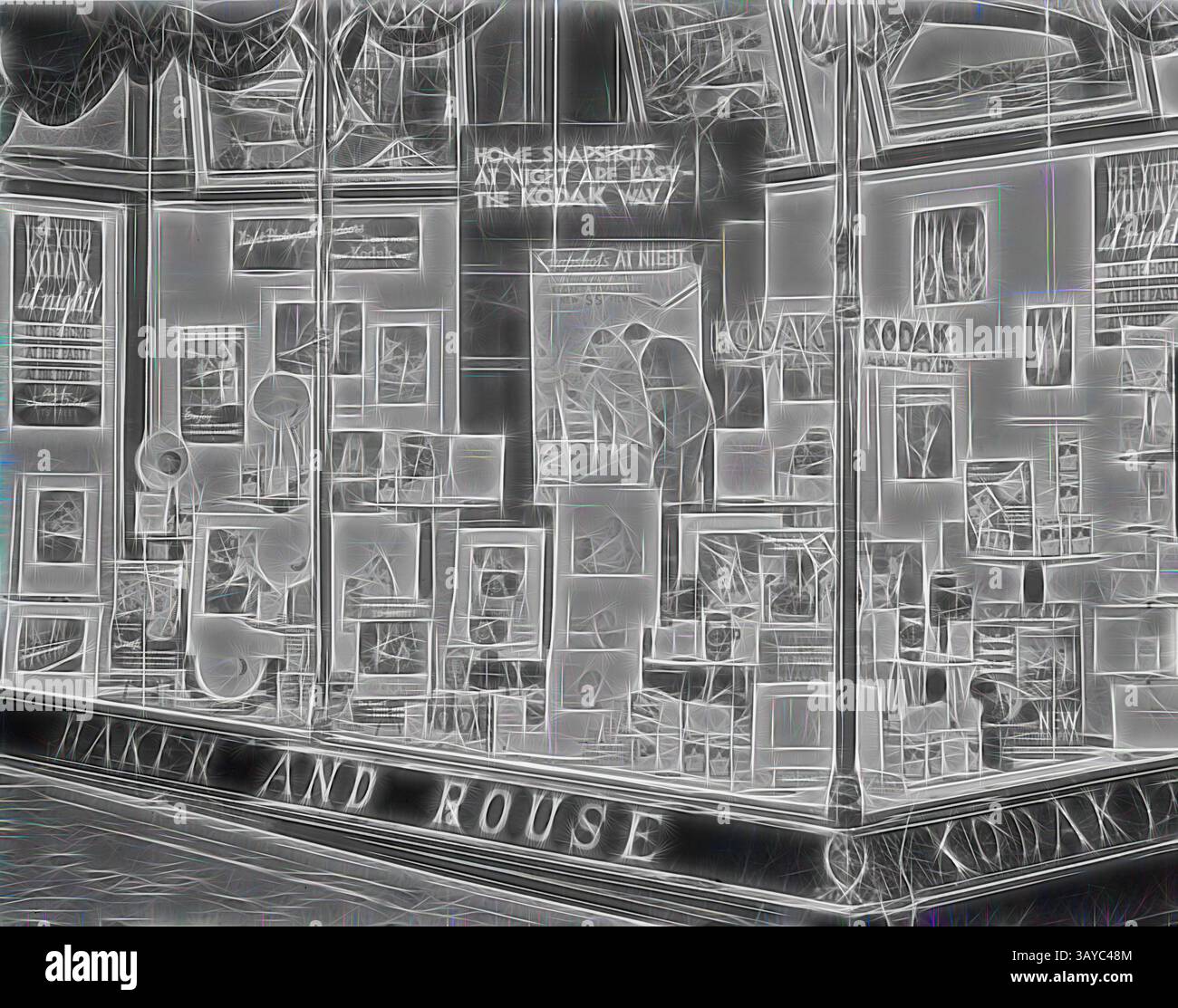 Una vetrina vintage presenta una collezione di prodotti Kodak e materiali promozionali, con uno slogan audace per catturare i momenti notturni. La disposizione mette in evidenza vari modelli di fotocamera e grafica accattivante, evocando un senso di nostalgia e innovazione nella fotografia., Glass negative, Shopfront display, 'Use Your Kodak at Night', George St, Sydney, 1932-1934, bianco e nero, 1/4 lastre di vetro negativo dell'esposizione del negozio presso la filiale Kodak di Sydney al 379-381 George Street, circa 1932-1934. La promozione in questo display è per Kodak Super Sensitive Panchromatic Film, o. Foto Stock
