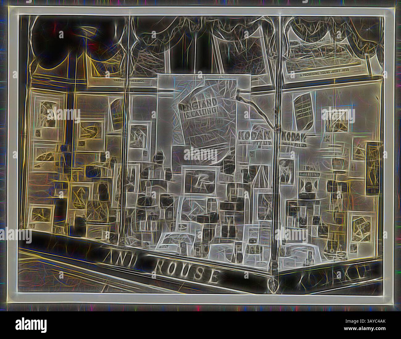 Uno schermo pieno di immagini e fotografie incorniciate, che mostra scene e soggetti diversi, il tutto sistemato in modo ordinato su un tavolo. Lo sfondo presenta il nome "KODAK", che suggerisce un'attenzione particolare alla fotografia, mentre la configurazione generale dà un senso di nostalgia e presentazione artistica., Fotografia - Kodak, Shopfront display, "England is Calling! Visitatori dell'incoronazione, circa 1934-1936, mostra sul negozio "England is Calling! I visitatori dell'incoronazione mostrano macchine fotografiche, fotografie, accessori fotografici e attrezzature. Una delle 56 fotografie di un album raffiguranti il negozio Kodak Australasia Pty Ltd Foto Stock