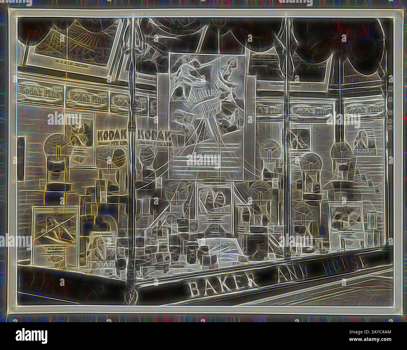 Una vetrina con un assortimento di macchine fotografiche e attrezzature fotografiche Kodak d'epoca, adornata con elementi decorativi e motivi artistici, che mostrano un mix di nostalgia e artigianato., Fotografia - Kodak, Shopfront display, "Body Release", circa 1934-1936, display "Body Release" che mostra fotocamere, fotografie, accessori fotografici e apparecchiature. Una delle cinquantantasei fotografie in un album raffiguranti le vetrine della Kodak Australasia Pty Ltd della metà degli anni '1930 In genere, Windows presentava promozioni sui prodotti per pellicole o fotocamere, nonché mostre fotografiche su Foto Stock
