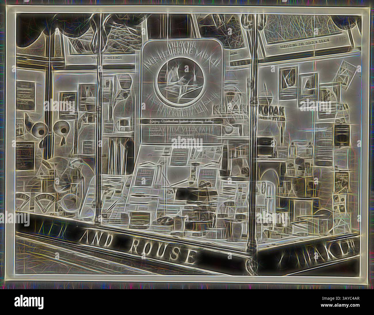Una vetrina mostra un eclettico assortimento di oggetti d'epoca, tra cui fotografie, pezzi d'arte e cimeli, tutti stratificati con un tocco artistico che mette in risalto il loro fascino storico. Fotografia - Kodak, esposizione dello Shopfront, 'Enjoy the ever Recurring Miracle', circa 1934-1936, esposizione dello Shopfront 'Enjoy the ever Recurring Miracle' che mostra fotocamere, fotografie, accessori fotografici e attrezzature. Una delle cinquantantasei fotografie in un album raffiguranti le vetrine della Kodak Australasia Pty Ltd della metà degli anni '1930 In genere Windows presenta promozioni sui prodotti per film o. Foto Stock