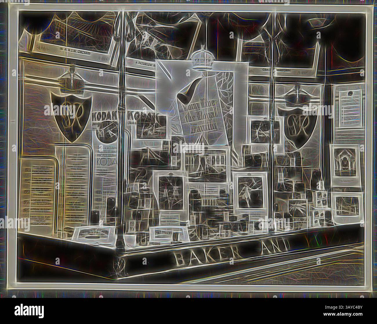 Una vivace mostra che presenta cimeli storici di Kodak, tra cui fotografie ed elementi decorativi, disposti in modo accattivante su un tavolo prominente. L'allestimento combina manufatti nostalgici con una grafica sorprendente, invitando gli spettatori a esplorare l'eredità della fotografia., Fotografia - Kodak, Shopfront display, "Long Live the Royal Family", 1934-1936, mostra Shopfront "Long Live the Royal Family" che mostra fotocamere, fotografie, accessori fotografici e attrezzature. Una delle cinquantantasei fotografie in un album che ritraggono le vetrine della Kodak Australasia Pty Ltd dal MID Foto Stock