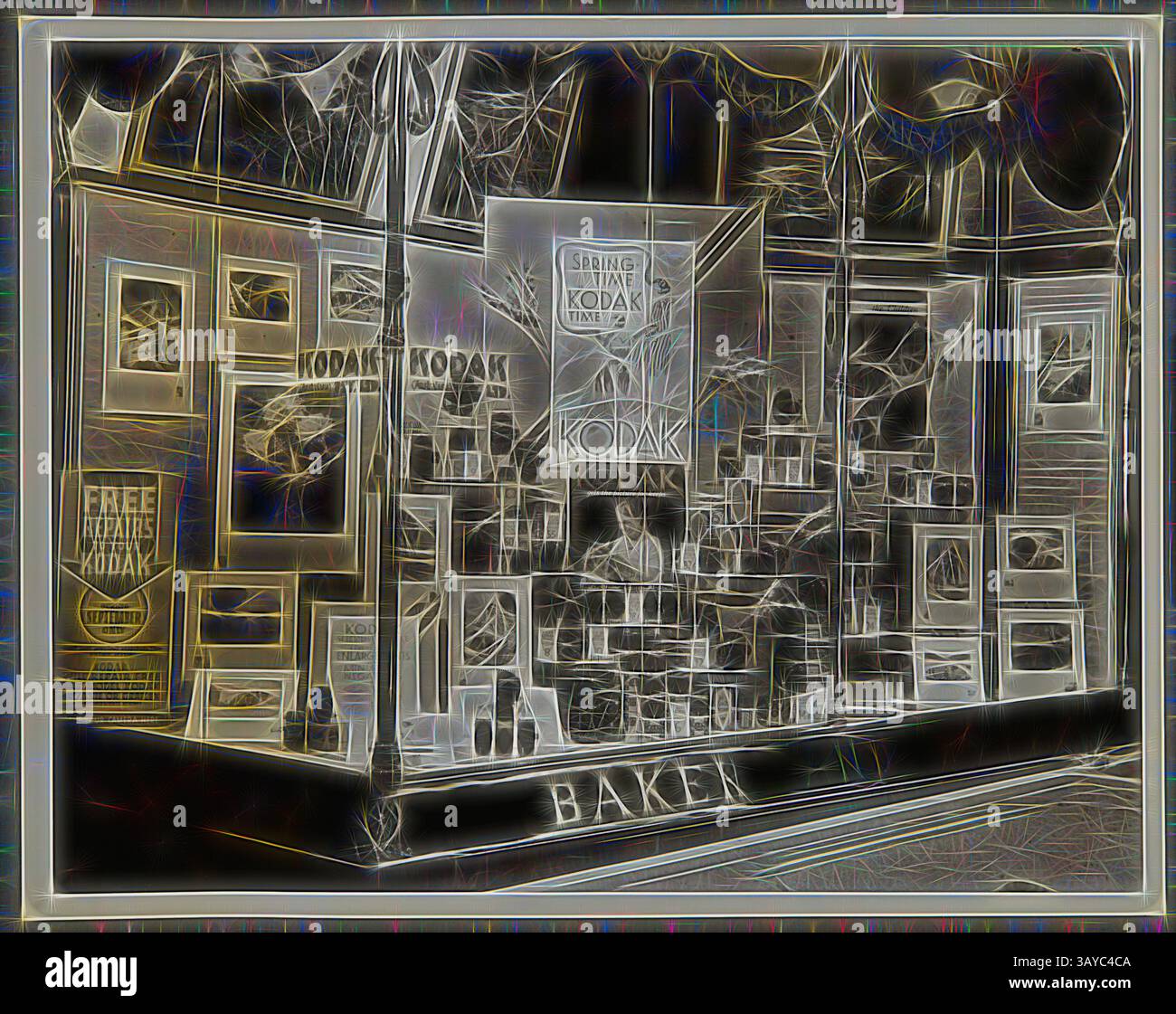 Un'esposizione in vetrina con vari prodotti Kodak e materiali promozionali, che mostra la fotografia come tema centrale, con un tocco artistico che mette in risalto la vivacità e la storia del marchio. Fotografia - Kodak, Shopfront display, 'Spring Time is Kodak Time', circa 1934-1936, mostra "Spring Time is Kodak Time" che mostra fotocamere, fotografie, accessori fotografici e attrezzature. Una delle cinquantantasei fotografie in un album raffiguranti le vetrine della Kodak Australasia Pty Ltd della metà degli anni '1930 In genere, Windows presentava promozioni sui prodotti per pellicole o fotocamere, AS Foto Stock