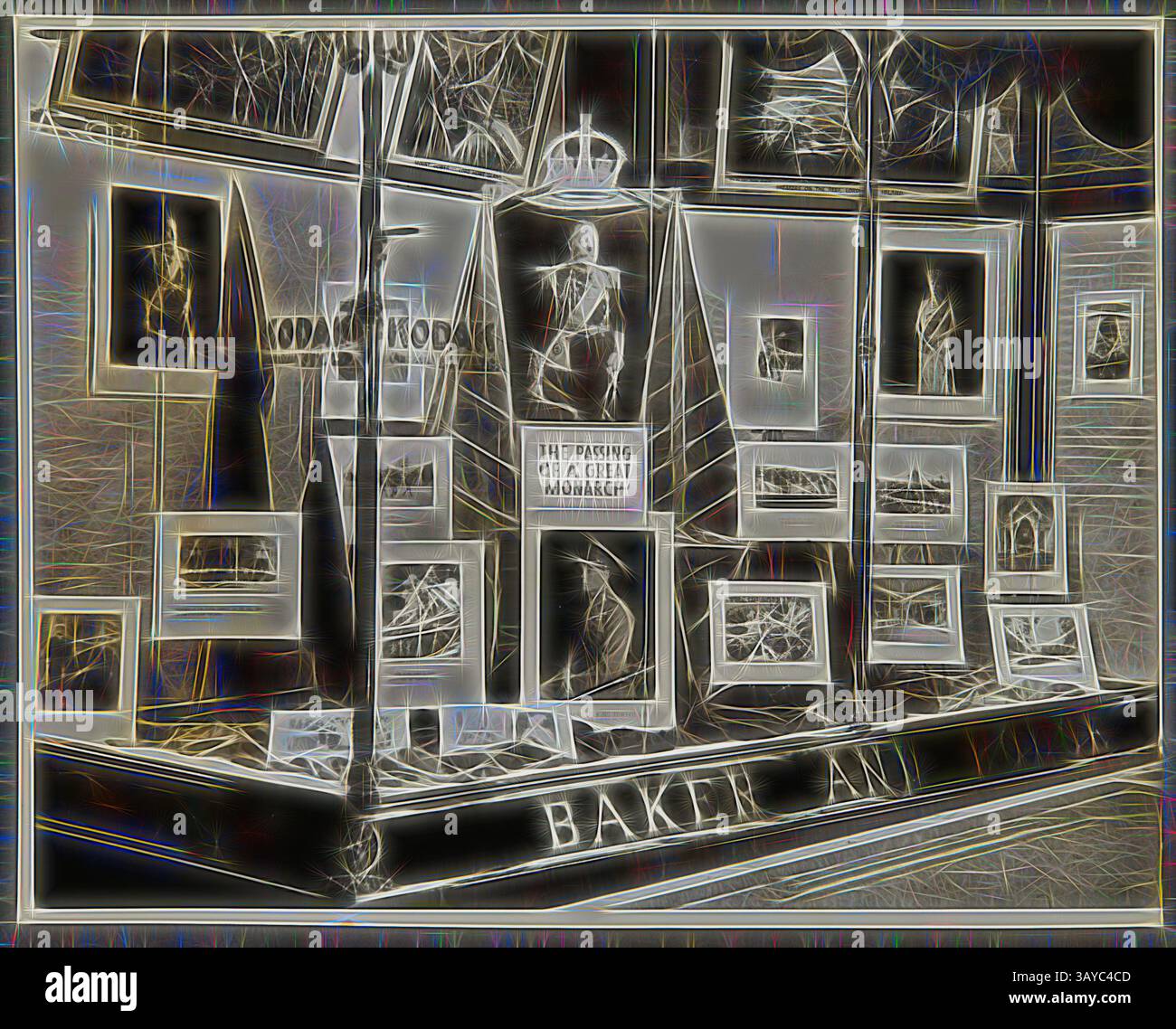 Una collezione di cornici artistiche che mostrano vari ritratti e scene, con un titolo che commemora una figura significativa. La disposizione mette in risalto elementi visivi creativi, richiamando l'attenzione sui temi dell'eredità e del ricordo. Fotografia - Kodak, esposizione sul fronte dello shopping, "il passaggio di un grande monarca", 1934-1936, esposizione sul fronte dello shopping "il passaggio di un grande monarca" che mostra macchine fotografiche, fotografie, accessori fotografici e attrezzature. Una delle cinquantantasei fotografie in un album raffiguranti le vetrine della Kodak Australasia Pty Ltd della metà degli anni '1930 Finestre Foto Stock