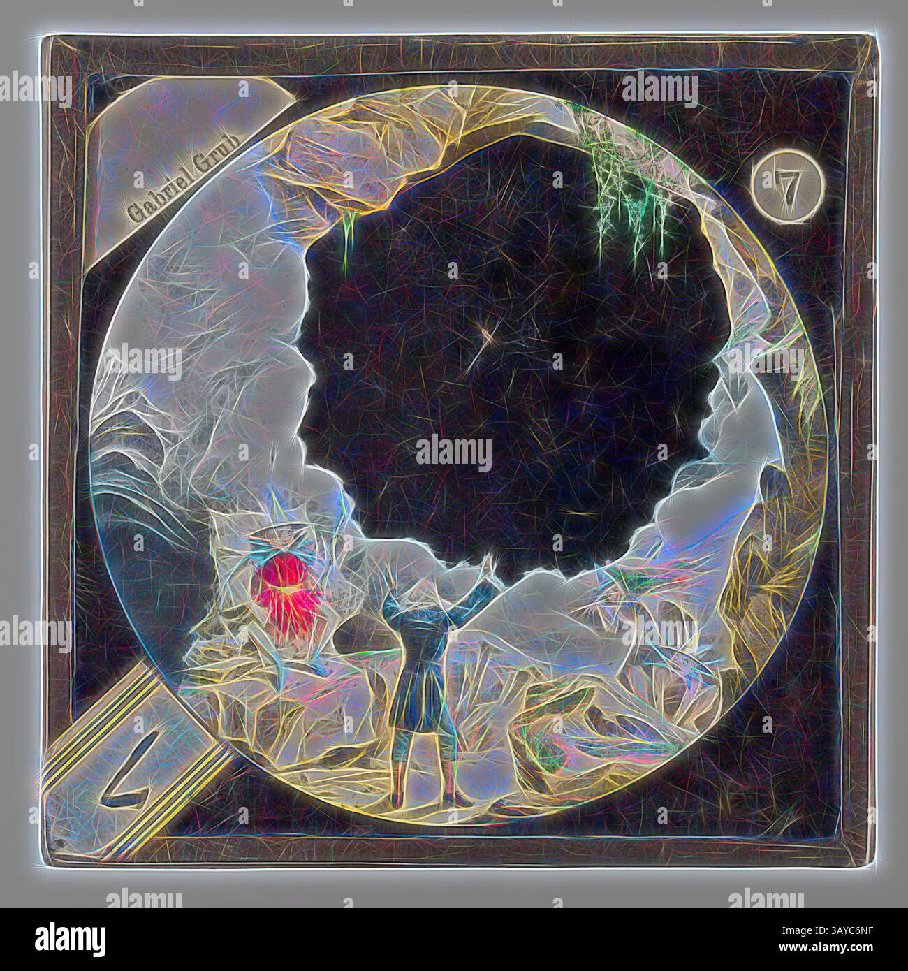 Una figura si erge trionfalmente sotto un vorticoso vuoto scuro, circondato da paesaggi eterei e vivaci raffiche di colori. La composizione suggerisce un viaggio, con una miscela di mistero e meraviglia, invitando l'esplorazione dei regni oltre. Lantern Slide - Bamforth & Co., 'Gabriel Grub', fine XIX secolo, set di diciassette diapositive magiche "modello di vita" che sono state utilizzate per raccontare la storia di Gabriel Grub; o la storia dei Goblin che hanno rubato un Sexton usando un proiettore di lanterna magica. Un opuscolo accompagna il set di vetrini. Set incompleto di vetrini. La storia era basata su un capitolo di Carlo Foto Stock