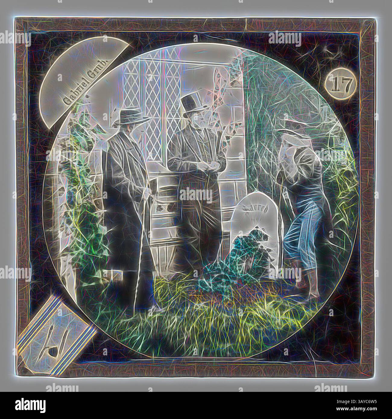 Un gruppo di individui elegantemente vestiti si trova in un giardino, impegnato in una conversazione vicino a una lapide. La scena è incorniciata, enfatizzando la giustapposizione della natura e il pennarello cupo, accennando a temi di memoria e riflessione. Lantern Slide - Bamforth & Co., 'Gabriel Grub', fine XIX secolo, set di diciassette diapositive magiche lanterne 'modello di vita' che sono state utilizzate per raccontare la storia di Gabriel Grub; o la storia dei Goblin che hanno rubato un Sexton usando un proiettore di lanterna magica. Un opuscolo accompagna il set di vetrini. Set incompleto di vetrini. La storia era basata su un capitolo di Carlo Foto Stock