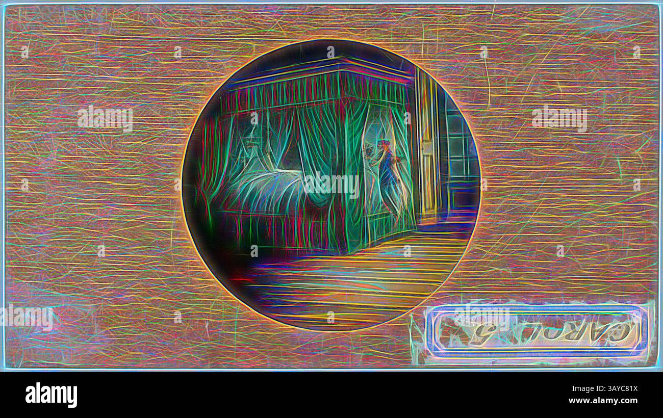 Una scena stravagante caratterizzata da una graziosa finestra drappeggiata e mobili di stile elegante, con una figura parzialmente visibile, che crea un'atmosfera di mistero e intrigo. I colori vivaci e le texture conferiscono alla composizione una qualità da sogno, esaltandone il fascino artistico. Lantern Slide - A Christmas Carol, Bedroom Scene, 1843-1880, numero 5 in una serie di dodici diapositive della serie "A Christmas Carol". "A Christmas Carol" è un romanzo dell'autore inglese Charles Dickens. Fu pubblicato per la prima volta da Chapman e Hall il 19 dicembre 1843. La storia narra di Ebenezer Scrooge, avaro e aspro Foto Stock