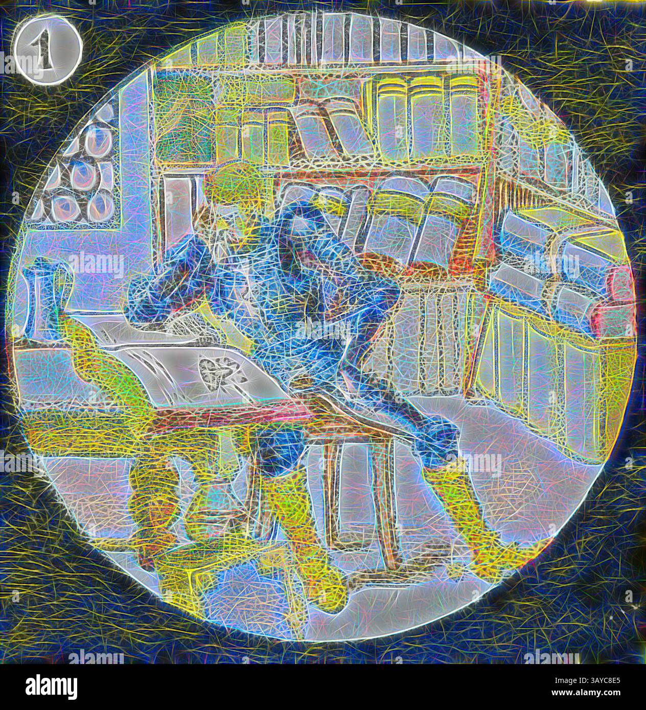 Una figura in abito blu siede a una scrivania, profondamente coinvolta nella lettura di un grande libro. Circondata da scaffali pieni di vari libri, la scena trasuda un senso di concentrazione e curiosità. Lantern Slides - Series, Don Chisciotte, 1900-1920, alternative Name(s); Children's Slide; set di 12 diapositive per lanterne raffiguranti la storia di Don Chisciotte. Basato sul romanzo l'ingegnoso gentiluomo Don Chisciotte de la Mancha dello scrittore spagnolo Miguel de Cervantes, pubblicato in due volumi nel 1605 e nel 1615. Il personaggio principale, Alonso Quixano (o Quijano), un gentiluomo di campagna in pensione che si avvicina ai 50 anni Foto Stock