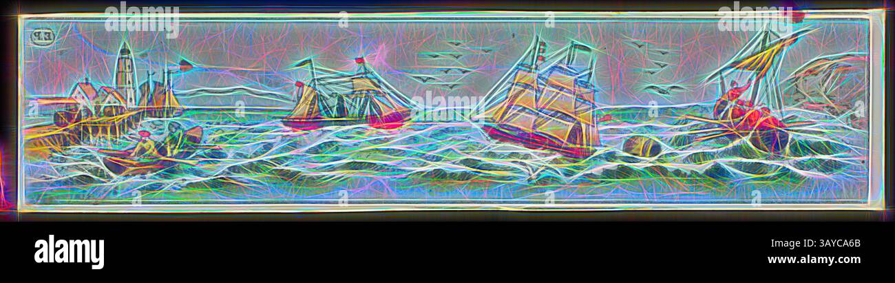 Una vivace scena marittima con navi a vela che navigano in acque turbolente, con un villaggio costiero e un faro sullo sfondo. Le onde sono dinamiche e riflettono il movimento delle barche mentre i gabbiani si librano in alto, creando un senso di avventura ed esplorazione. Lantern Slide - miniature Panorama Format, Ernst Plank, Ships & Row Boats at Sea, 1866-1920, alternative Name(s): Children's Slide; Panorama Maic Lantern Slide questa serie di lanterne slide fa parte della Francis Collection di apparato pre-cinematografico ed ephemera dei governi australiano e vittoriano nel 1975. co-fondatore di Foto Stock