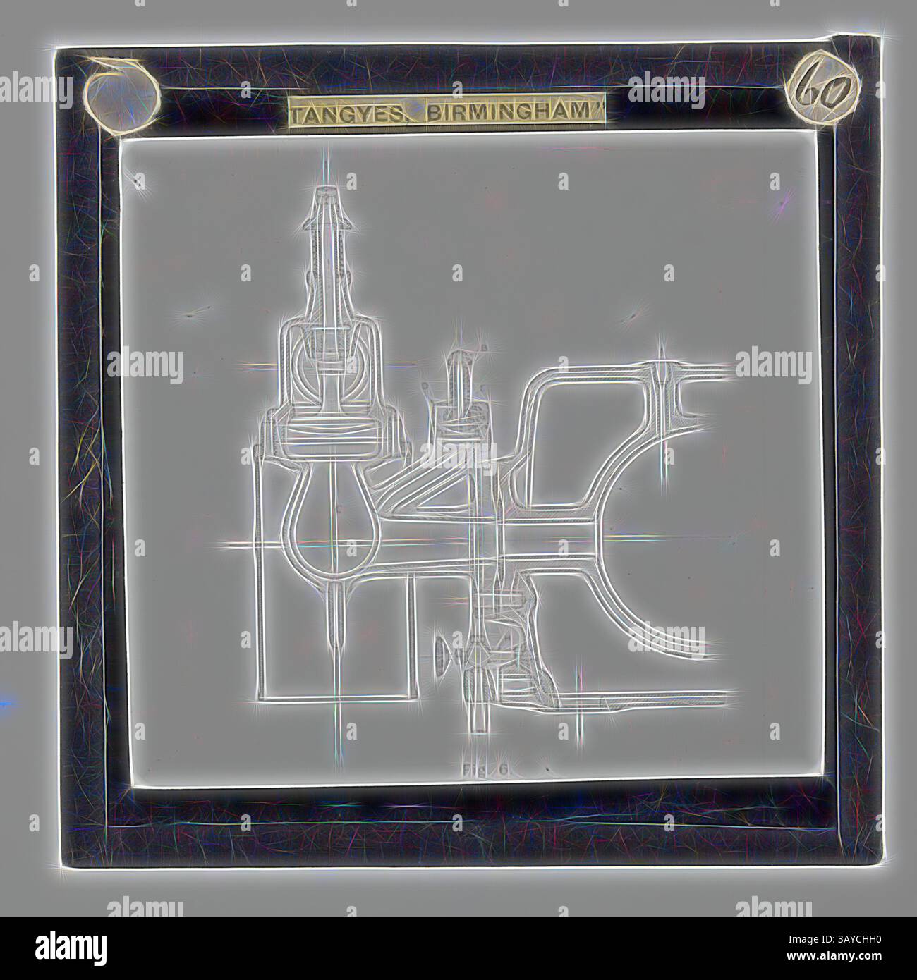 Una rappresentazione astratta di macchinari industriali, caratterizzata da linee e forme intricate che suggeriscono un sistema complesso. Il design mette in evidenza componenti come tubi e valvole, che trasmettono un senso di precisione meccanica e ingegneria. Lantern Slide - Tangyes Ltd, sezione trasversale di Hot Bulb Oil Engine, circa 1910, una delle 239 lanterne in vetro raffiguranti prodotti realizzati dagli ingegneri Tangyes Limited di Birmingham, Inghilterra. Le immagini includono vari prodotti quali motori, pompe centrifughe, pompe idrauliche, produttori di gas, macchine per la prova dei materiali, presse, macchine utensili, idrauliche Foto Stock