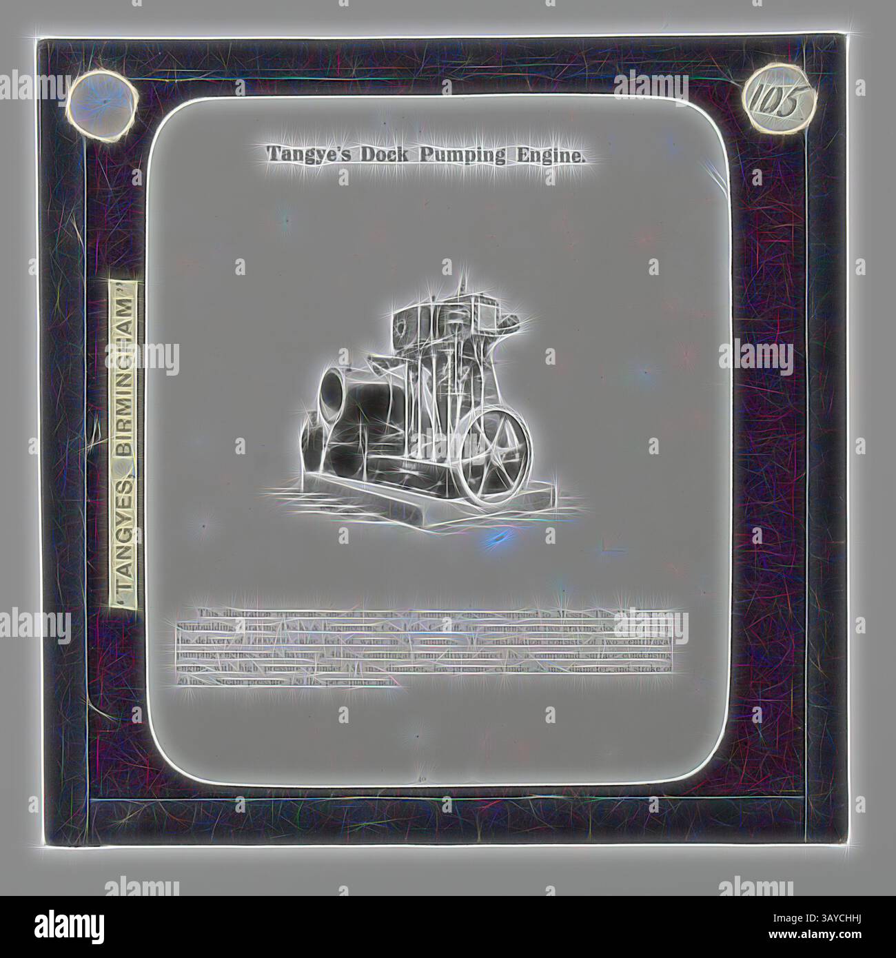 Un'illustrazione del Tangye's Dock Pumping Engine, completa di una descrizione dettagliata che ne evidenzia il significato e l'origine da Birmingham. Il design mostra la struttura del motore e il contesto storico. Lantern Slide - Tangyes Ltd, Dock Pumping Engine, circa 1910, una delle 239 lanterne in vetro raffiguranti prodotti fabbricati dagli ingegneri Tangyes Limited di Birmingham, Inghilterra. Le immagini includono vari prodotti quali motori, pompe centrifughe, pompe idrauliche, produttori di gas, macchine per la prova dei materiali, presse, macchine utensili, martinetti idraulici, ecc. Tangyes era un'azienda che Foto Stock Un'illustrazione del Tangye's Dock Pumping Engine, completa di una descrizione dettagliata che ne evidenzia il significato e l'origine da Birmingham. Il design mostra la struttura del motore e il contesto storico. Lantern Slide - Tangyes Ltd, Dock Pumping Engine, circa 1910, una delle 239 lanterne in vetro raffiguranti prodotti fabbricati dagli ingegneri Tangyes Limited di Birmingham, Inghilterra. Le immagini includono vari prodotti quali motori, pompe centrifughe, pompe idrauliche, produttori di gas, macchine per la prova dei materiali, presse, macchine utensili, martinetti idraulici, ecc. Tangyes era un'azienda che Foto Stock