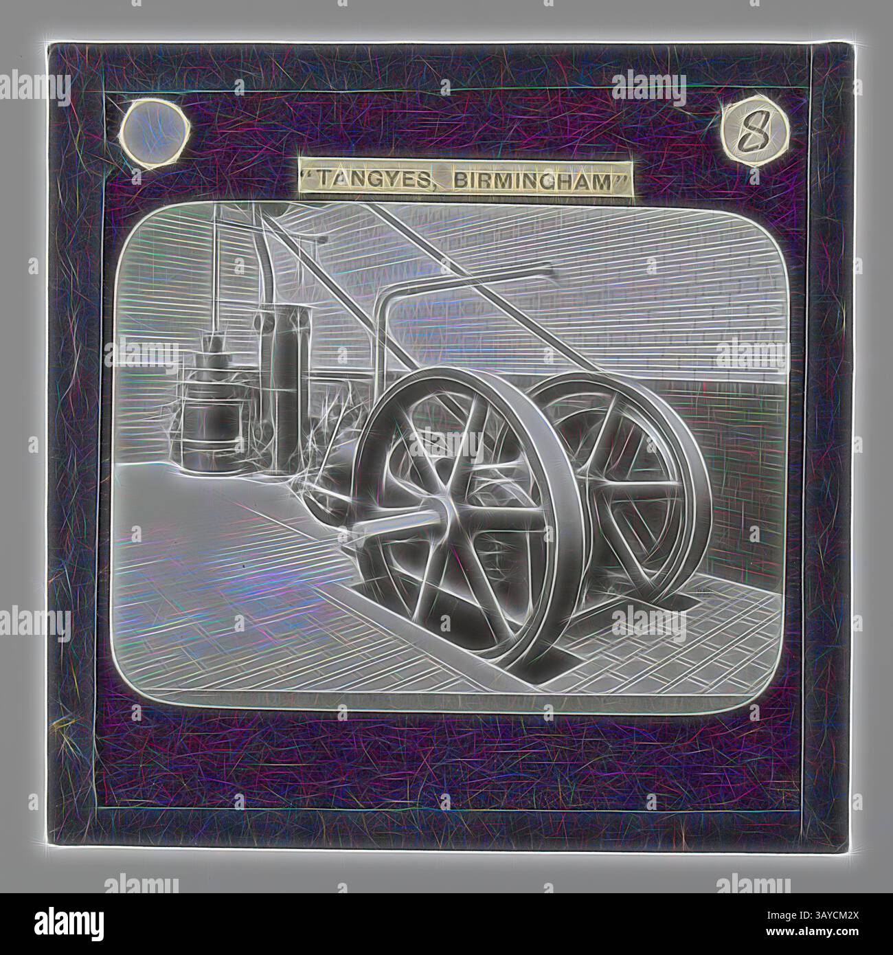 Una scena industriale caratterizzata da ruote e macchinari di grandi dimensioni e dal design complesso, indicativa di un sito storico di ingegneria, probabilmente collegato a Tangyes a Birmingham. I dintorni suggeriscono un'officina o un'ambientazione di fabbrica. Lantern Slide - Tangyes Ltd, Suspiration gas Producer Plant & gas Engine, circa 1910, una delle 239 lanterne in vetro raffiguranti prodotti fabbricati dagli ingegneri Tangyes Limited di Birmingham, Inghilterra. Le immagini includono vari prodotti quali motori, pompe centrifughe, pompe idrauliche, produttori di gas, macchine per la prova dei materiali, presse, macchine utensili, martinetti idraulici, ecc. Foto Stock