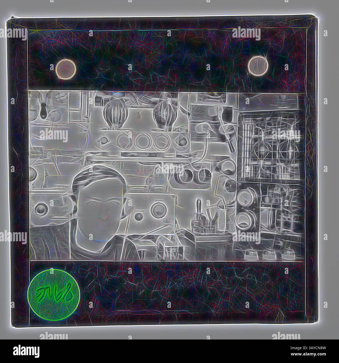 Un ritratto retrò raffigura una persona circondata da vari contenitori e strumenti, con disegni geometrici che aggiungono un tocco unico alla scena. Un emblema circolare in basso a sinistra aggiunge un tocco di colore alla composizione artistica. Lantern Slide - The radio Operator on the RRS Discovery II, Ellsworth Relief Expedition, Antartide, 1935-1936, Lantern slide of the a radio operator on the Discovery II, Antartide. Una delle 328 immagini in vari formati, tra cui opere d'arte, fotografie, negativi di vetro e diapositive a lanterna. Arte classica con un tocco moderno reinventata da Artotop Foto Stock