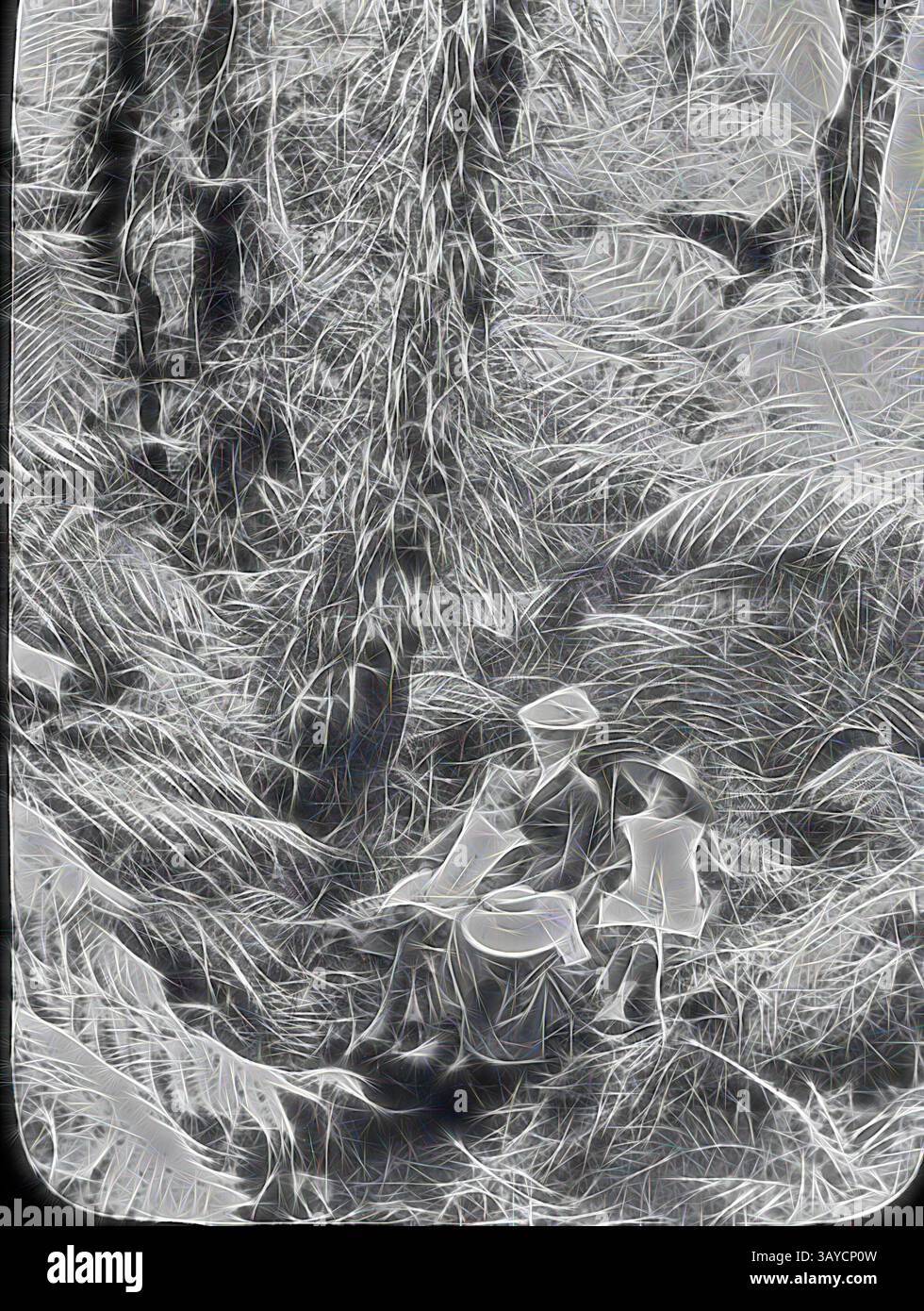 Due persone, una donna e un bambino, siedono tra fitti alberi e alberi torreggianti, impegnati in un momento di tranquilla contemplazione in un ambiente lussureggiante e selvaggio. La scena cattura un senso di intimità e connessione con la natura. Lantern Slide - Ferns albero, Dandenong, Victoria, Date Unknown, immagine in bianco e nero di una signora e due bambini seduti tra le felci degli alberi dei Dandenong., arte classica con un tocco moderno reinventata da Artotop Foto Stock