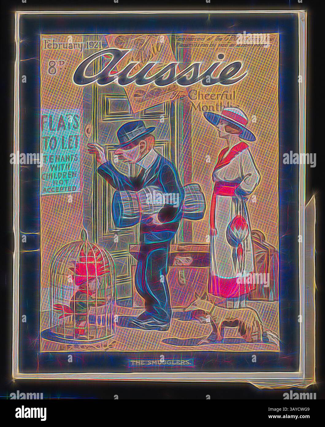 Una copertina vintage di riviste con un uomo che trasporta taniche, mentre una donna elegante vestita con abiti d'epoca lo osserva. Lo sfondo suggerisce una vivace scena di strada, aggiungendo un senso di vita e intrigo al momento. Il titolo suggerisce temi di umorismo e intrattenimento allegro, attirando i lettori nella narrazione del tempo., Magazine - 'Aussie', No. 24, 15 Feb 1921, n° 24, 15 febbraio 1921, della pubblicazione "Aussie", "The Cheerful Monthly" del dopoguerra. Una delle collezioni di copie delle riviste "Aussie" nella collezione del Museum Victoria datata 5 giugno 1918 - 15 gennaio 1929 Foto Stock