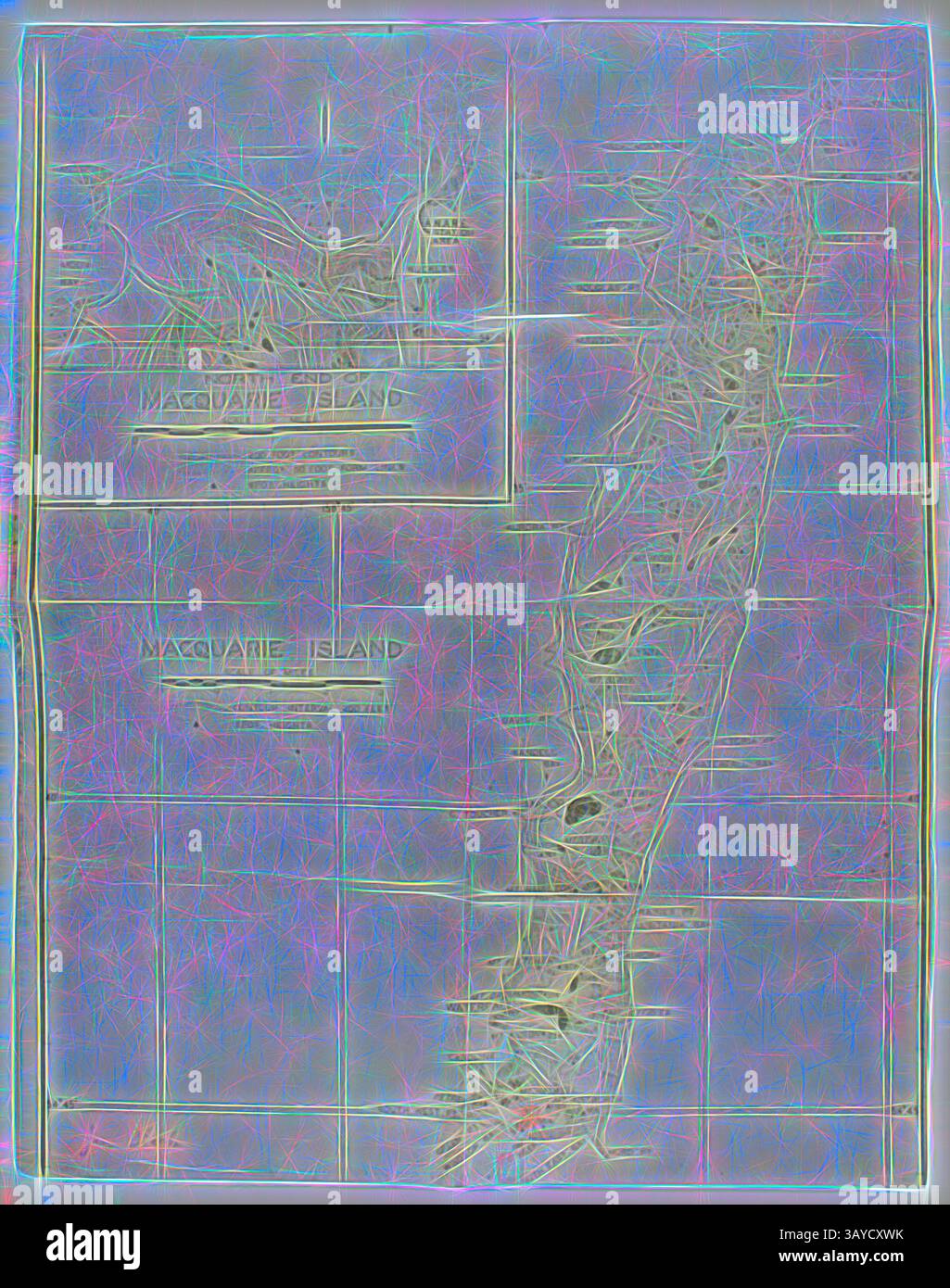 Una mappa stilizzata che mostra l'isola di Macquarie, con contorni dettagliati ed etichette che enfatizzano le sue caratteristiche geografiche uniche. Il design è impreziosito da colori vivaci e motivi astratti, aggiungendo un tocco artistico alla rappresentazione della topografia dell'isola. Mappa - Isola di Macquarie, Tasmania, post 1948, Mappa dell'Isola di Macquarie con nomi di luoghi, elevazioni, coordinate di navigazione, utilizzando misure imperiali. Hope Macpherson fu la prima curatrice donna al National Museum of Victoria (ora Museum Victoria). Hope insieme a Isobel Bennett, Susan Ingham e Mary Gillham furono i primi Foto Stock