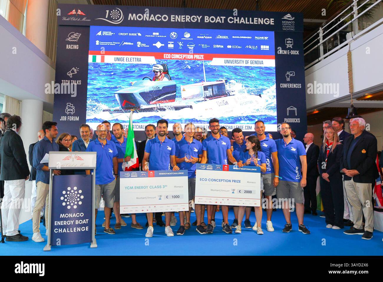 Monaco, Monte Carlo - 8 luglio 2023: Monaco Energy Boat Challenge presso lo YCM Yacht Club de Monaco, cerimonia di premiazione del decimo anniversario, UNIGE Elettra. Mandoga Media Germania Foto Stock
