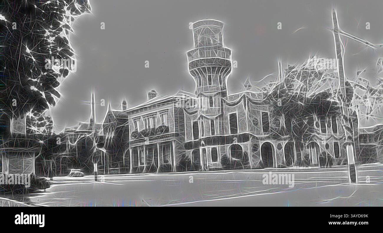 Una suggestiva rappresentazione di un edificio d'epoca adiacente ad un'alta torre d'acqua, incorniciata da alberi, che trasuda un senso di nostalgia e splendore architettonico. Le linee e le texture intricate aggiungono un tocco artistico unico alla scena. Negative - i Vigili del fuoco della città decorati per le celebrazioni del Centenario, Ballarat, Victoria, 1938, i Vigili del fuoco della città di Ballarat decorati per le celebrazioni del centenario di Ballarat., arte classica con un tocco moderno reinventato da Artotop Foto Stock