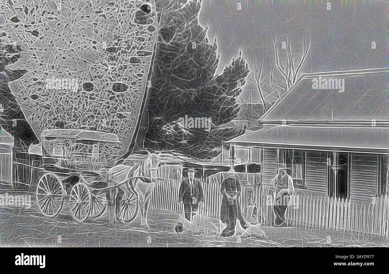 Una scena storica caratterizzata da una carrozza trainata da cavalli accanto ad una pittoresca casa di legno, con diverse persone impegnate in attività quotidiane in un ambiente rustico. Gli alberi circostanti aggiungono un tocco di natura a questo affascinante scorcio nel passato. Negativo - famiglia macellaio sulla strada fuori casa loro, Buninyong, Victoria, circa 1895, la famiglia macellaio sulla strada fuori casa loro. Sono raffigurati con il taxi trainato da cavalli, guidato da W. Butcher tra Ballarat e Buninyong. C'è un branco di polli intorno al gruppo. La fotografia è gravemente danneggiata., arte classica con un moderno Foto Stock