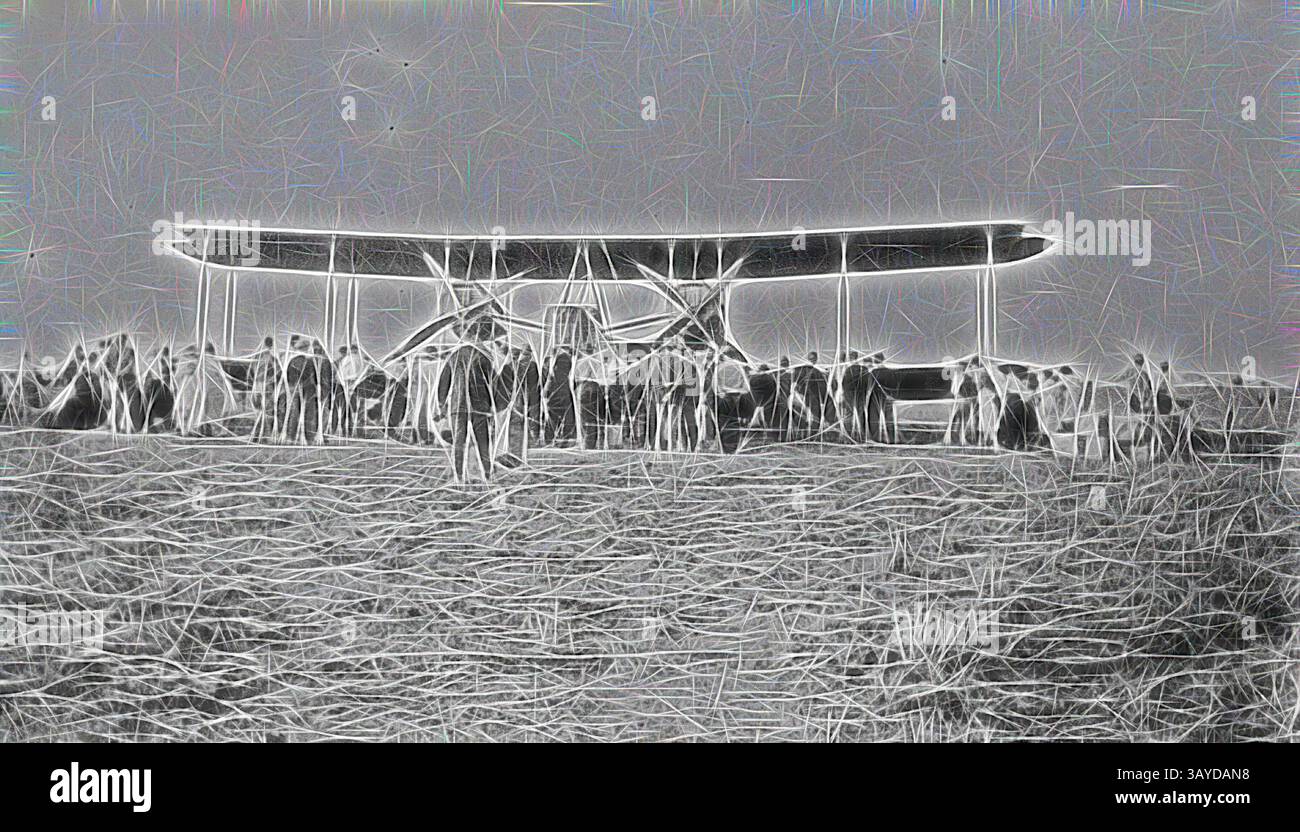 Un gruppo di persone si riunisce intorno a un aereo pionieristico, esaminando il suo design innovativo mentre si trova su un campo erboso, incarnando lo spirito dell'aviazione antica., negativo - folla intorno all'aereo Vickers Vimy volato dall'Inghilterra da Sir Keith Smith, 'Portland Downs' Station, Isisford District, Queensland, 1920, una folla di persone intorno all'aereo Vickers Vimy ha volato alla stazione "Portland Downs" di Sir Keith Smith, arte classica con un tocco moderno reinventata da Artotop Foto Stock