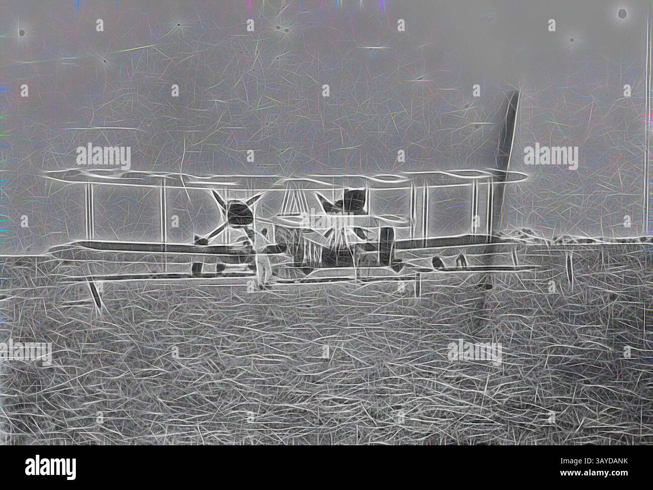 Un biplano d'epoca, caratterizzato da doppie ali e un design elegante, poggia su una superficie testurizzata, evocando un senso di nostalgia per i primi anni dell'aviazione. L'atmosfera è eterea e migliora le caratteristiche classiche dell'aereo., negativo - Vickers Vimy Aircraft di Sir Keith Smith presso la stazione "Portland Downs", Isisford District, Queensland, 1920, l'aereo Vickers Vimy volò alla stazione "Portland Downs" di Sir Keith Smith., arte classica con un tocco moderno reinventato da Artotop Foto Stock