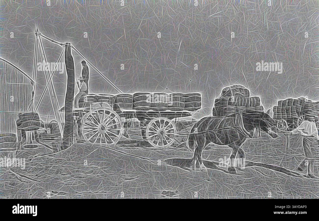 Una scena stilizzata raffigurante un carro trainato da cavalli impilato con barili, sullo sfondo di elementi industriali, che mostra la forza del cavallo e dell'attrezzatura in un contesto storico. Negativo - Winching Woolbales su carri sulla stazione di "Portland Downs", Isisford District, Queensland, 1915 circa, winching woolbales su carri sulla stazione di "Portland Downs", il verricello è guidato da un cavallo., arte classica con un tocco moderno immaginato da Artoretop Foto Stock