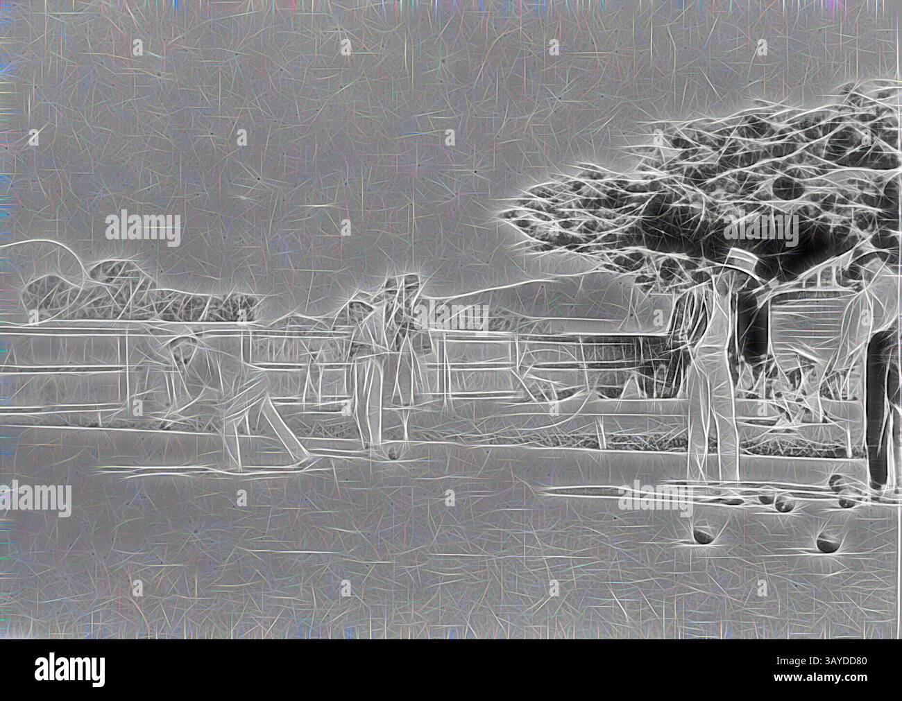 Un gruppo di individui si impegna in una partita all'aperto, con una persona concentrata sul lancio di una palla verso un gruppo di palle più piccole. Gli alberi creano ombra sullo sfondo, creando un'atmosfera rilassata mentre gli altri guardano l'azione. Negative - Men Playing Lawn Bowls at 'Erskine House', Lorne, Victoria, 1920, Un certo numero di uomini che giocano a bowling all'Erskine House., arte classica con un tocco moderno reinventata da Artotop Foto Stock