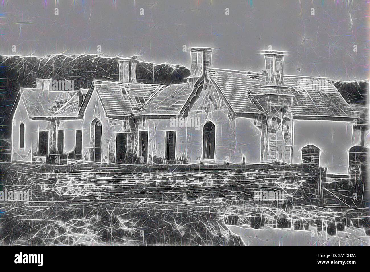 Una rappresentazione astratta di una vecchia casa maledetta con caratteristiche architettoniche distinte, che mostra un intrigante gioco di luci e ombre. Il paesaggio circostante esalta il fascino rustico dell'edificio. Negative - Eden, New South Wales, circa 1930, le rovine dell'ostello a Old Boydtown., arte classica con un tocco moderno reinventato da Artotop Foto Stock