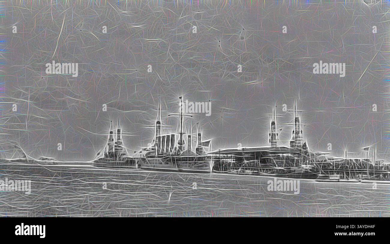 Una rappresentazione stilizzata di un paesaggio industriale, caratterizzato da torreggianti strutture e cisterne fumé contro un cielo nuvoloso, che evoca un senso di grandezza e nostalgia. Le linee e le texture intricate esaltano l'atmosfera drammatica. Negativo: US Naval Ships, Port Melbourne, Victoria, 1925, USS Seattle e USS Pennsylvania presso Station Pier durante una visita a Melbourne da parte della flotta americana a luglio/agosto 1925., arte classica con un tocco moderno reinventata da Artotop Foto Stock