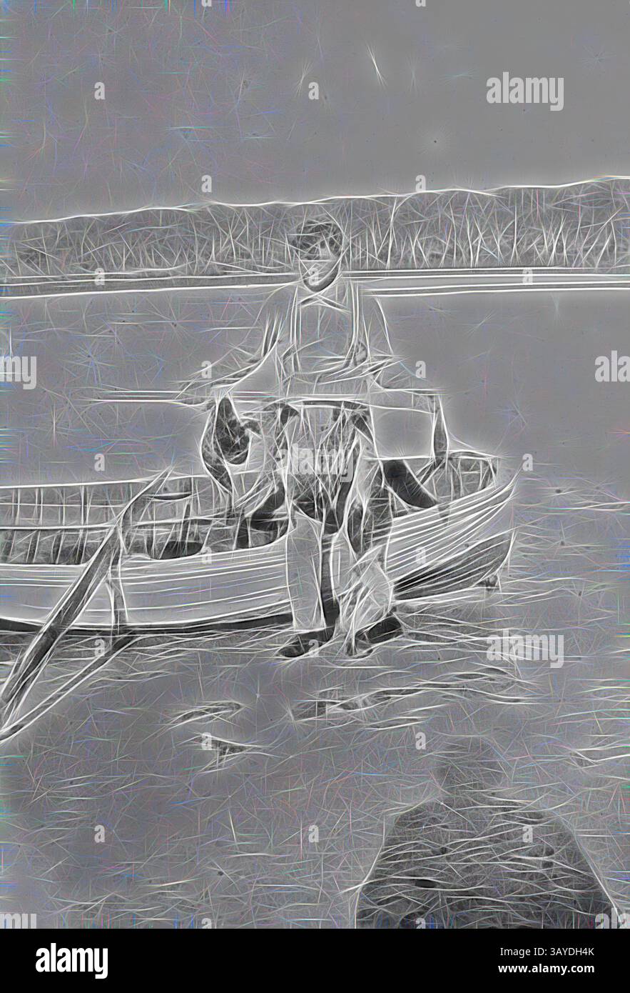 Un pescatore si erge orgogliosamente su una piccola barca, reggendo il suo pescato su un tranquillo sfondo d'acqua, con alberi che fiancheggiano l'orizzonte. La scena cattura un momento sereno della natura e la gioia della pesca. Negativo - Port Albert District, Victoria, prima del 1940, Un uomo in piedi su una barca e che trasporta un certo numero di anatre appese a un palo o a remi., arte classica con un tocco moderno reinventata da Artotop Foto Stock