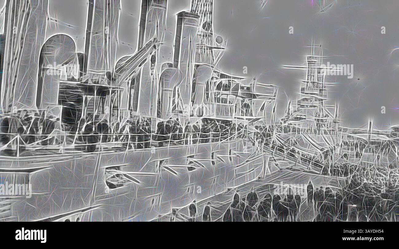 Una rappresentazione stilizzata di una vivace scena industriale, con strutture e macchinari alti con dettagli intricati, che creano un'atmosfera astratta ma dinamica. Negativo - navi della Marina degli Stati Uniti, Port Melbourne, Victoria, 1925, folle in attesa di salire a bordo della USS Seattle al molo della stazione durante una visita a Melbourne da parte della flotta americana. La USS Pennsylvania è sullo sfondo, arte classica con un tocco moderno reinventata da Artotop Foto Stock