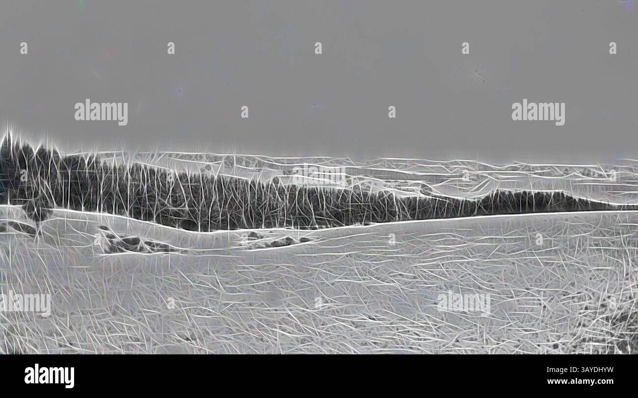 Un paesaggio sereno caratterizzato da colline ondulate e alberi lontani, il tutto impreziosito da linee delicate e fluide che creano un senso di profondità e tranquillità. Negativo - Ballarat District, Victoria, 1933, guardando verso Sebastopol., arte classica con un tocco moderno reinventata da Artotop Foto Stock