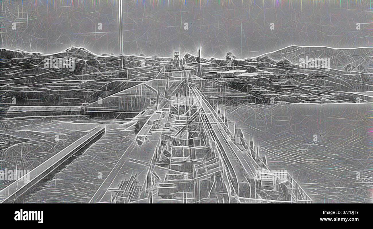 Una vista stilizzata di una scena costiera caratterizzata da un lungo molo che si estende in acque calme, circondato da aspre colline sullo sfondo. Il paesaggio è impreziosito da linee astratte e frastagliate che creano un effetto testurizzato, donando un tocco artistico unico all'ambiente sereno. Negative - Albury, New South Wales, 1924, il muro della diga e il passaggio della Hume Weir mentre è in costruzione., arte classica con un tocco moderno reinventata da Artotop Foto Stock