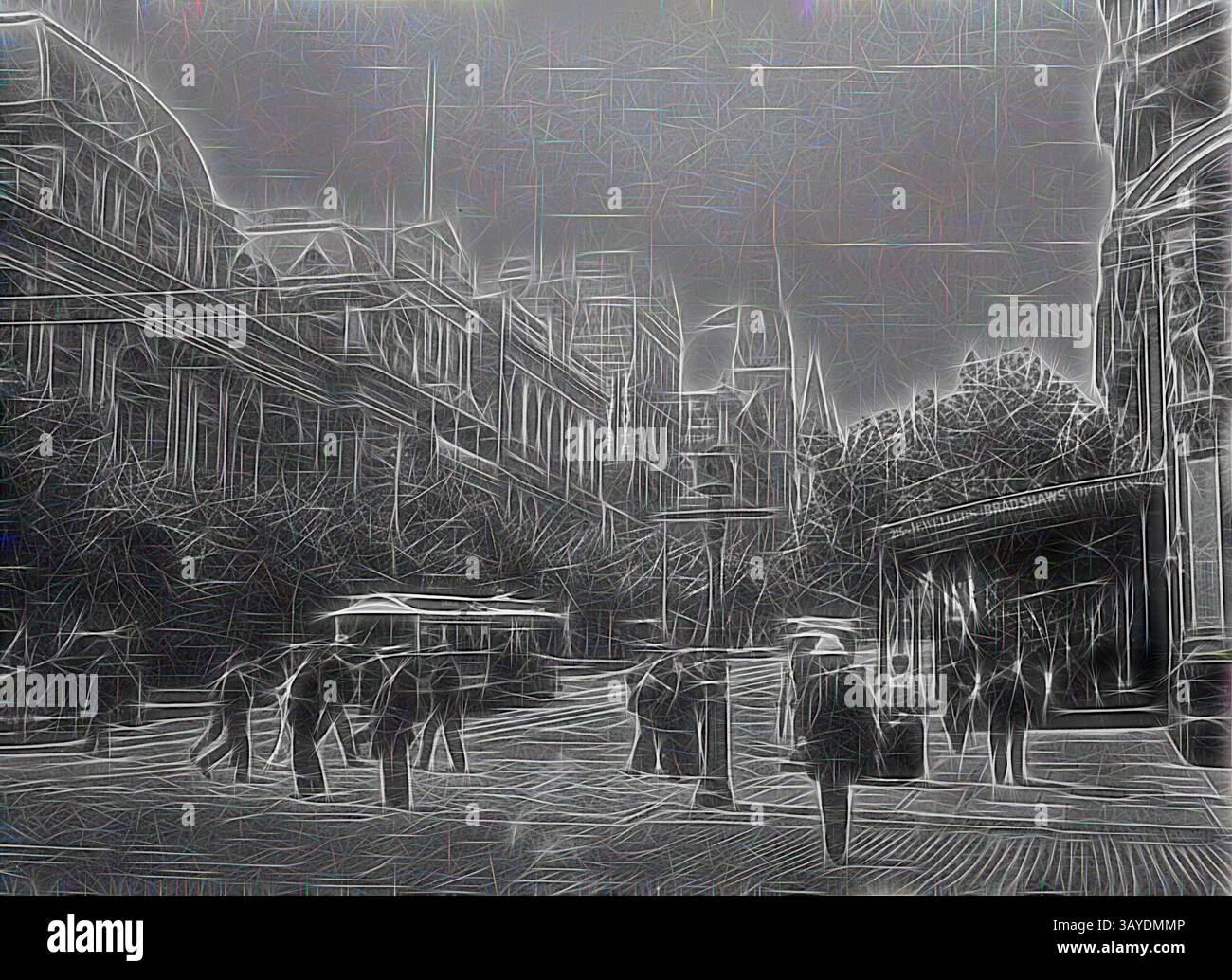 Una vivace scena urbana piena di persone che camminano tra edifici storici, caratterizzata da linee e forme intricate che danno un senso di movimento e di vita. Sullo sfondo si stagliano alte strutture, mentre gli alberi aggiungono un tocco di natura all'atmosfera vivace. Negativo - Melbourne, Victoria, circa 1900, guardando verso est lungo Collins Street dall'angolo con Swanston Street. Il municipio di Melbourne è sulla sinistra e un tram è in viaggio lungo Collins Street. Bradshaws, Opticians si trova sulla destra e le guglie della Chiesa scozzese e della Chiesa presbiteriana. Arte classica con un tocco moderno Foto Stock