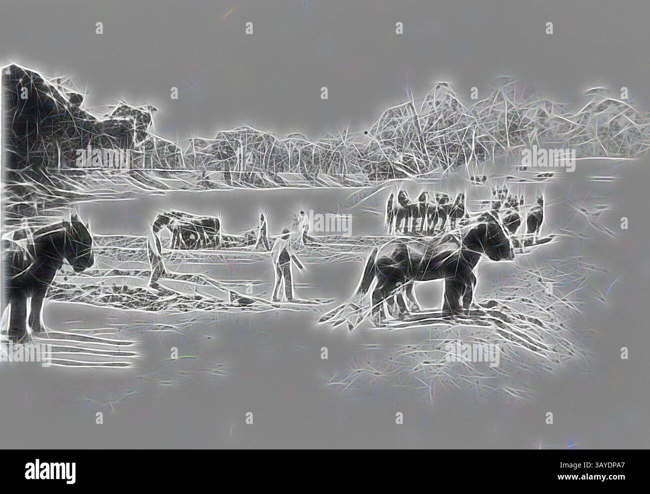 Un tranquillo paesaggio che raffigura un gruppo di individui che lavorano a fianco dei cavalli, con un maestoso leone ben posizionato in primo piano. La scena cattura un armonioso mix di natura e attività umana, su uno sfondo tranquillo caratterizzato da alberi e montagne lontane. Negativo - Barham District, New South Wales, circa 1925, Un gran numero di squadre di cavalli su lavori in terra per una diga accanto al fiume Murray., arte classica con un tocco moderno reinventata da Artotop Foto Stock