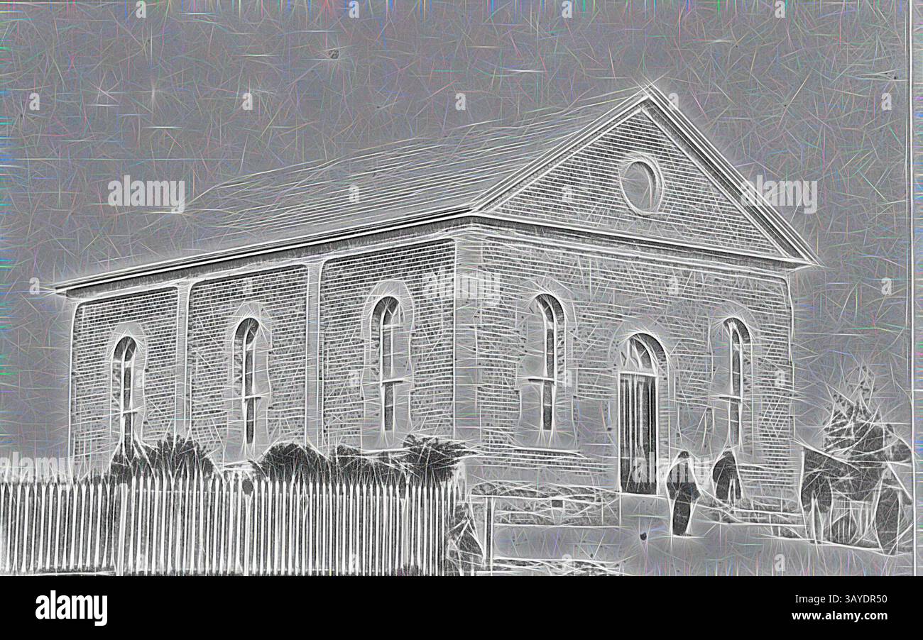 Un edificio storico con finestre ad arco si trova vicino ad una recinzione a picchetto, mentre due figure camminano verso l'ingresso, incorniciato da un disegno artistico e testurizzato. Negativo - Ballarat, Victoria, circa 1870, prima chiesa metodista al Golden Point, arte classica con un tocco moderno reinventata da Artotop Foto Stock