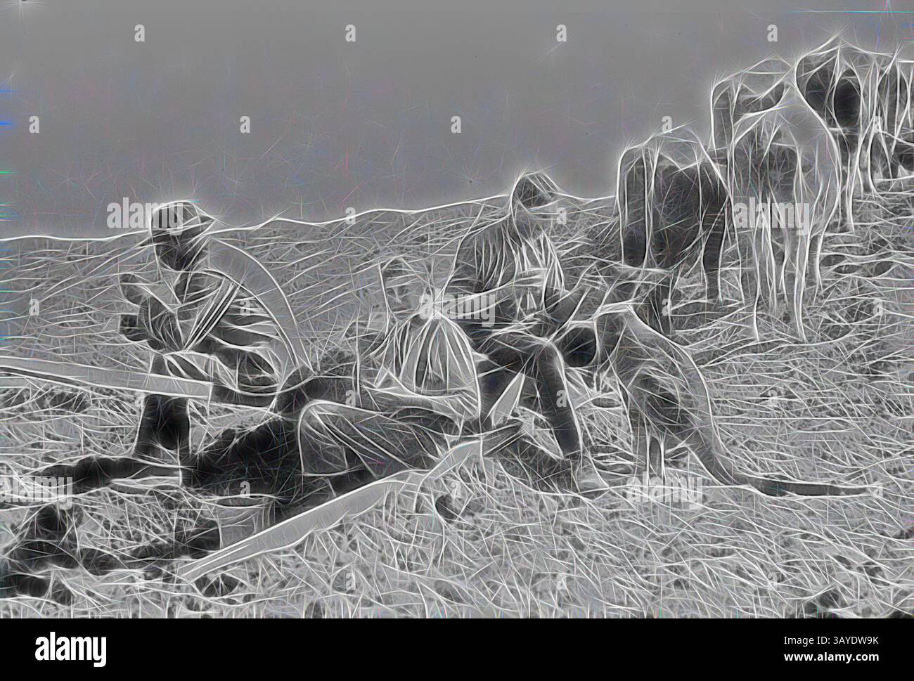 Un gruppo di individui si impegna in varie attività su un terreno accidentato, con alcuni seduti e leggendo mentre altri sembrano occuparsi degli animali nelle vicinanze. L'ambientazione offre un mix di lavoro e svago in un paesaggio naturale. Negative - Nandaly, Bimbourie, Victoria, di Bill Boyd, 1922, negativo fotografico in bianco e nero del fotografo William (Bill) Boyd.depicting attività agricole, famiglia e vita domestica di persone che stabilirono la difficile frontiera del grano del Mallee, principalmente dentro e intorno alle città di Nandaly e Sea Lake., arte classica con un tocco moderno reinventata Foto Stock